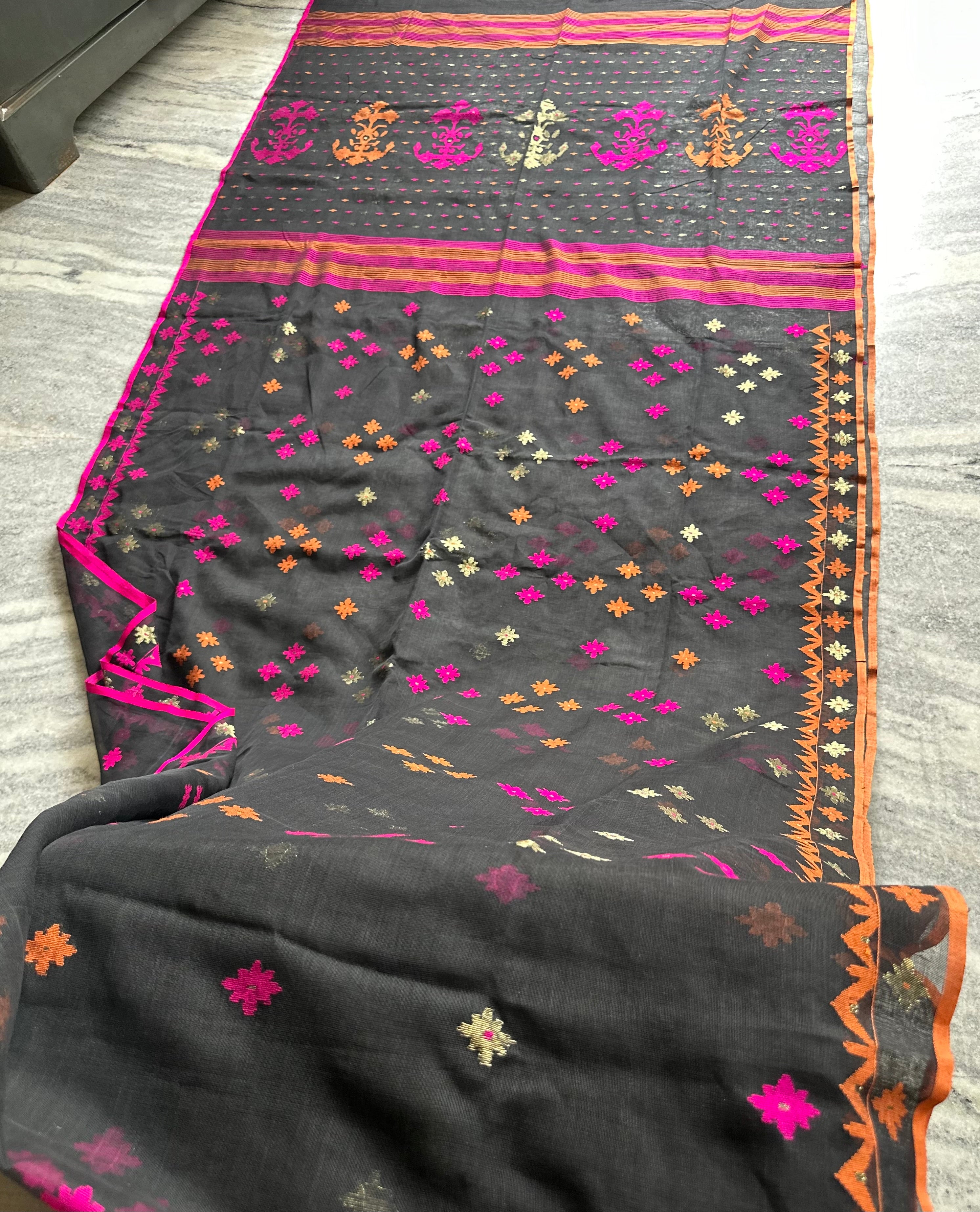 Black with Orange and Pink Dhakai Jamdani