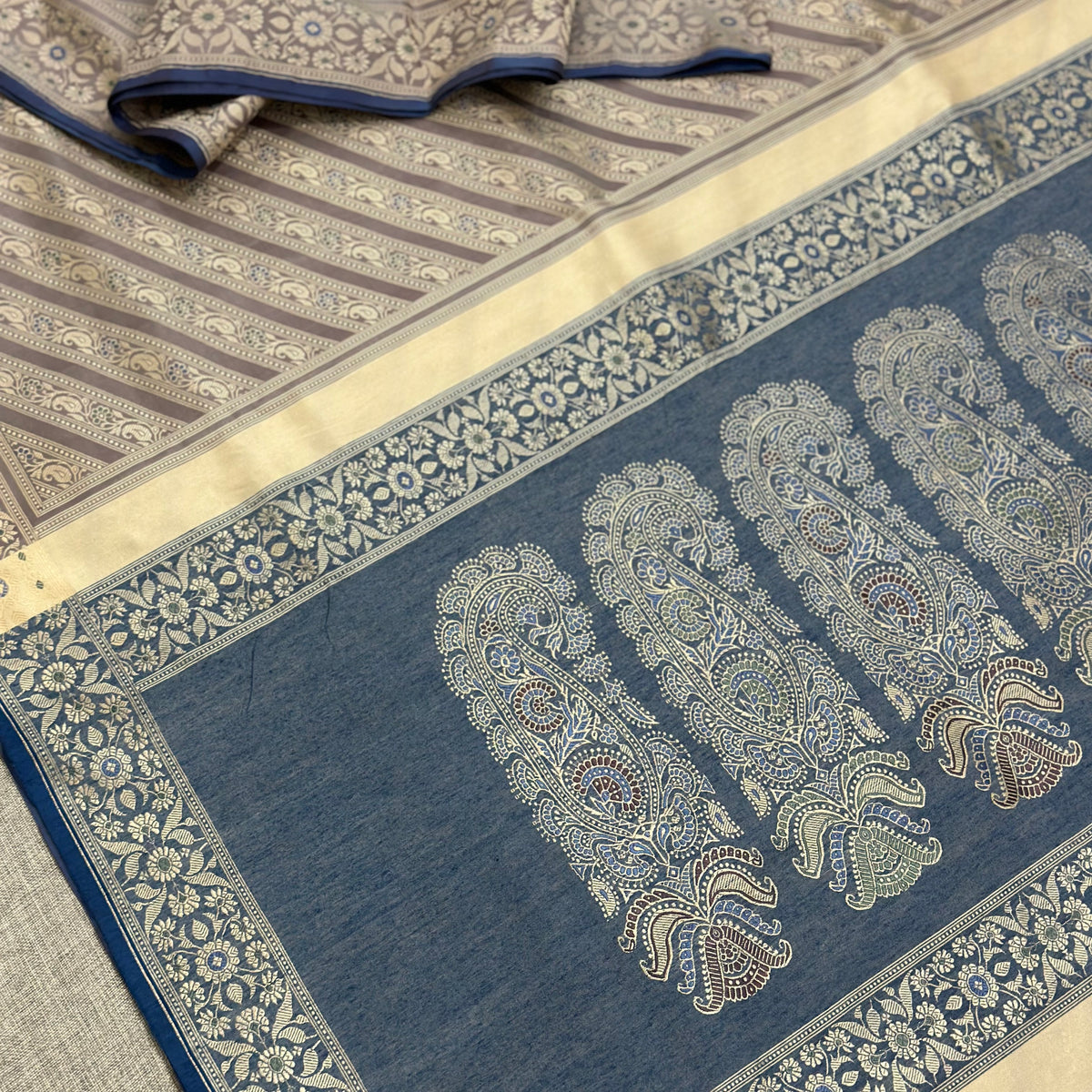 Grey with Indigo Baluchari Saree
