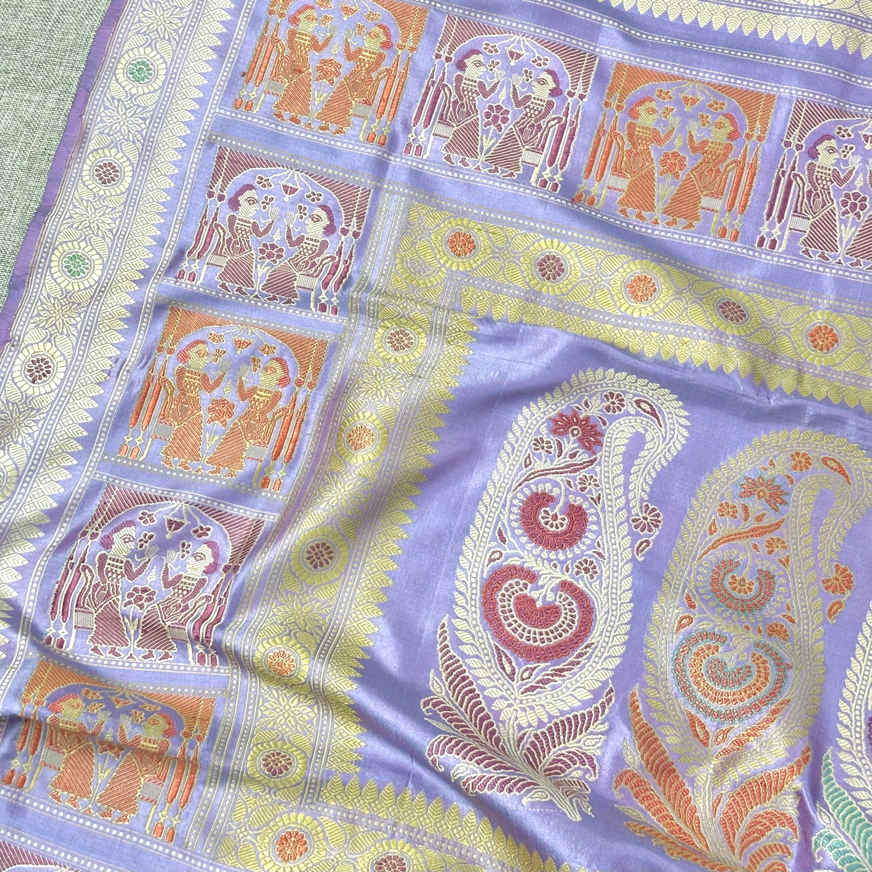 Lilac Revival Baluchari Saree with Paisley and Figure Motifs