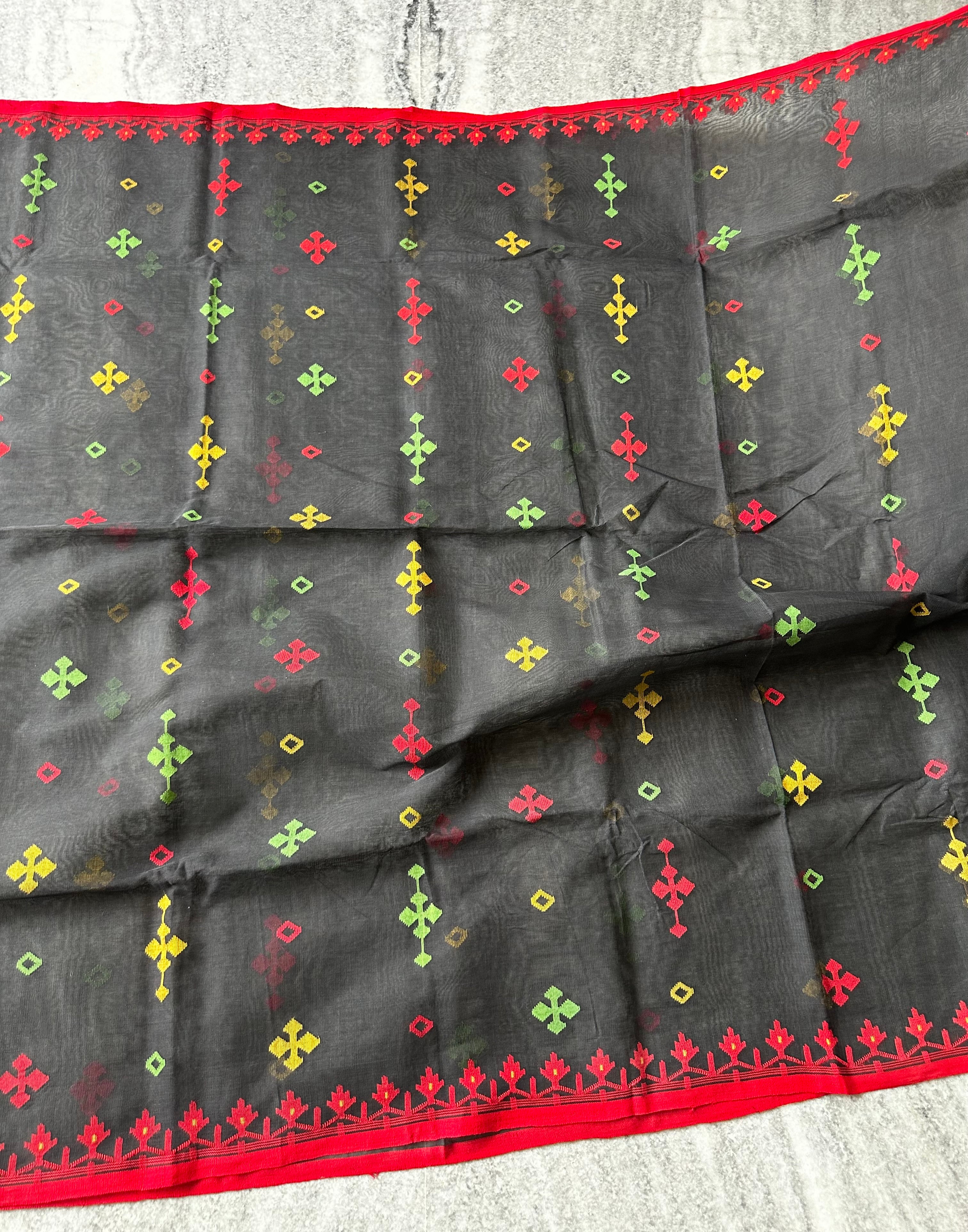 Black with Red and Green Dhakai Jamdani