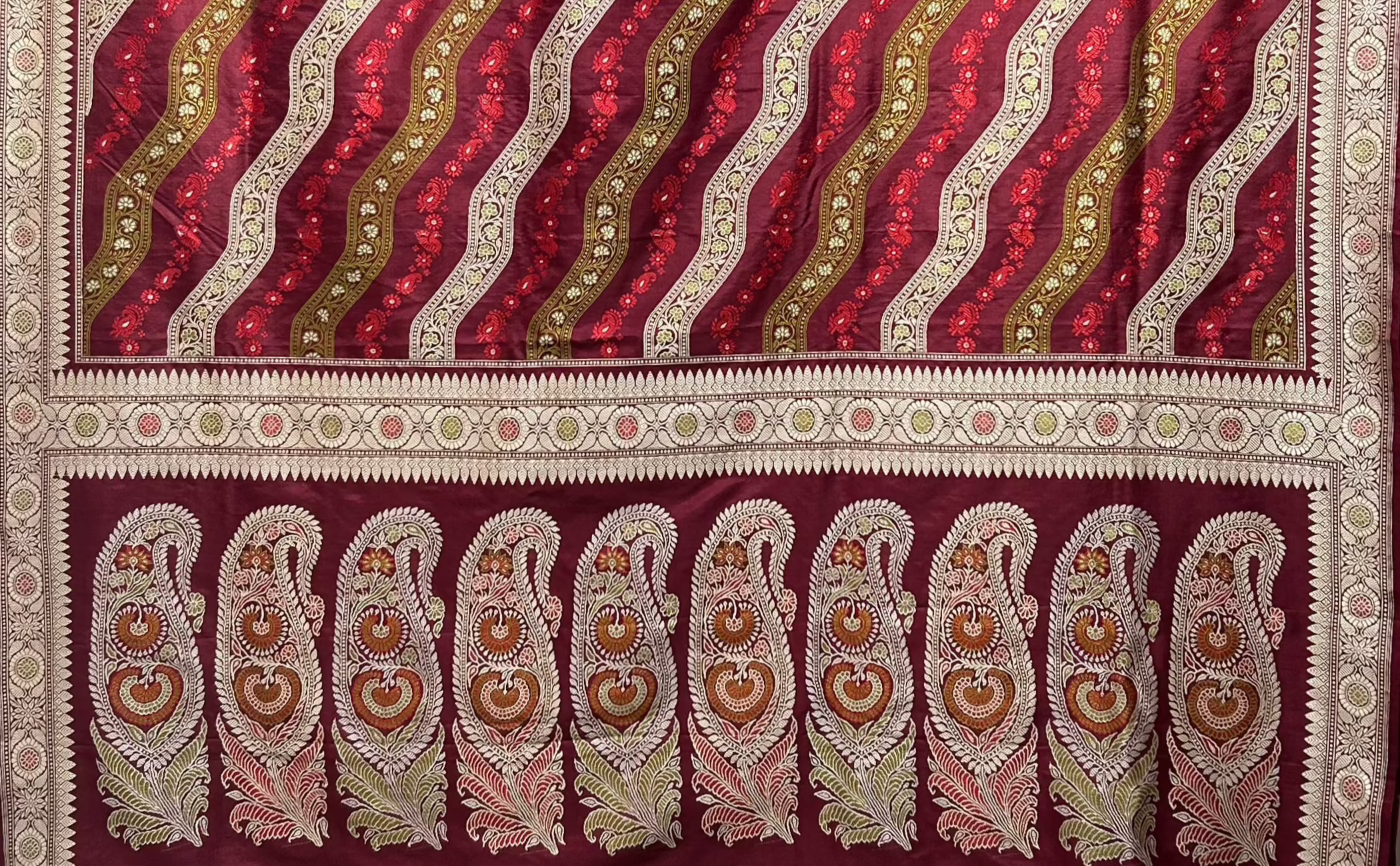 Maroon Ada Revival Baluchari with Pistachio and Red Minakari