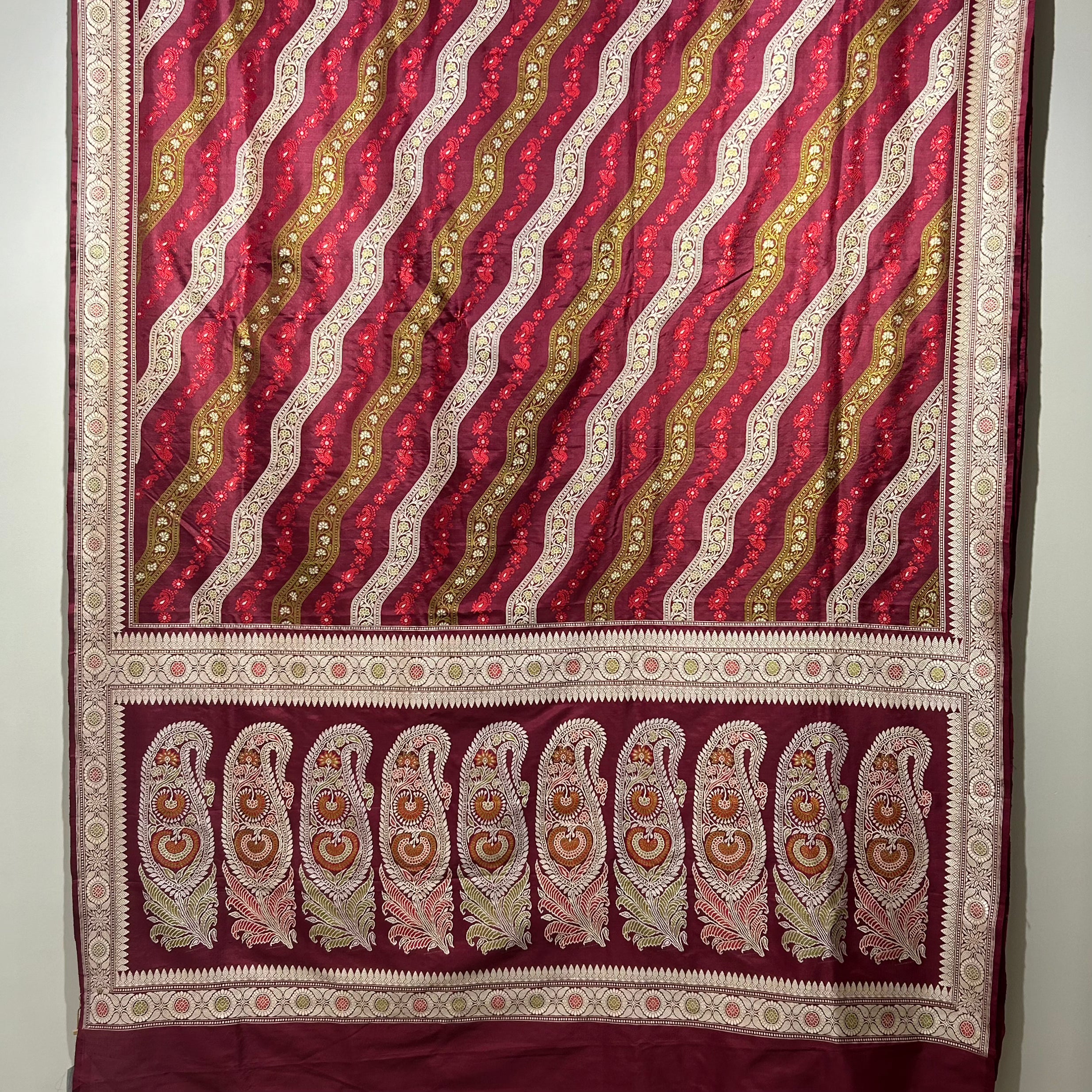 Maroon Ada Revival Baluchari with Pistachio and Red Minakari