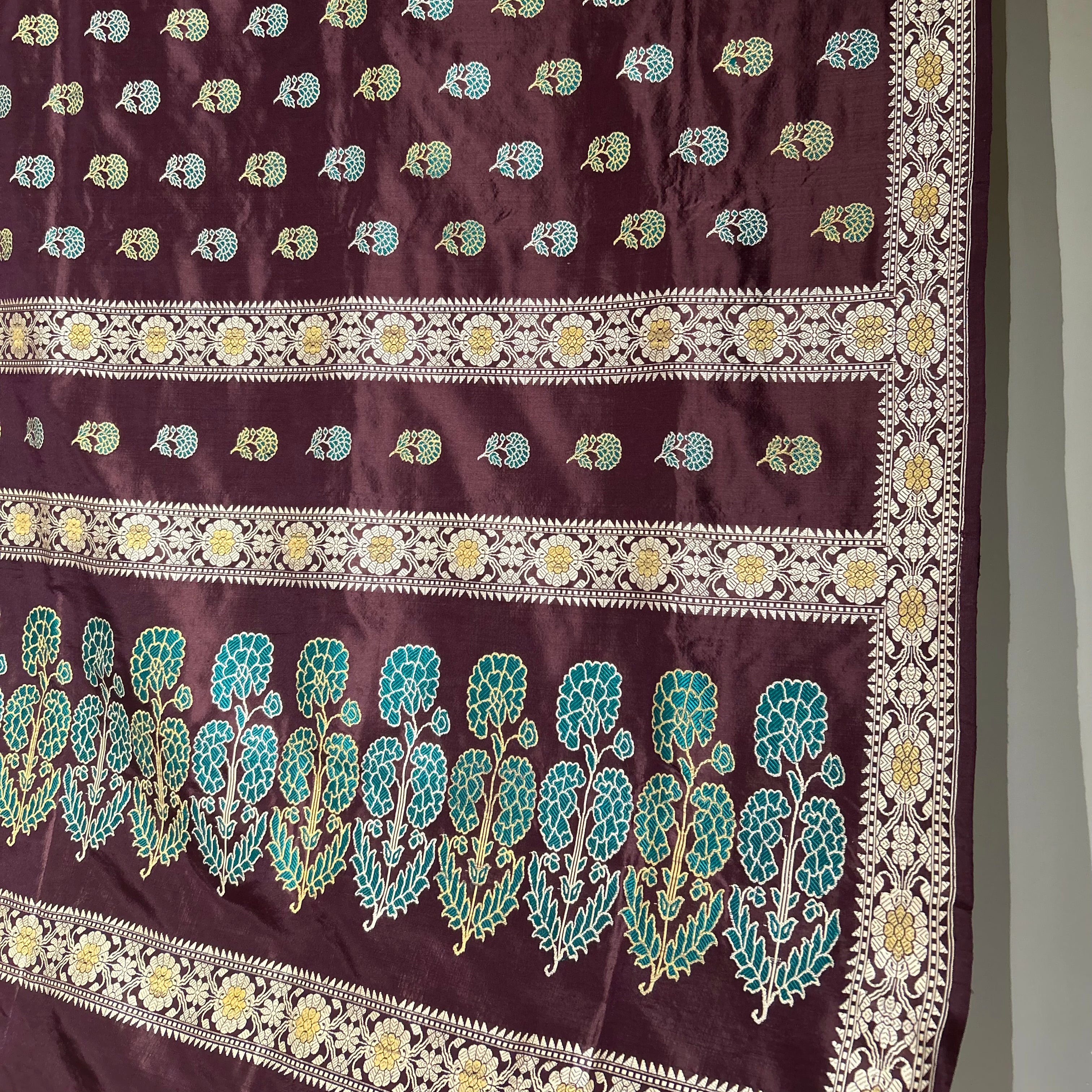 Brown with Green Revival Baluchari Saree