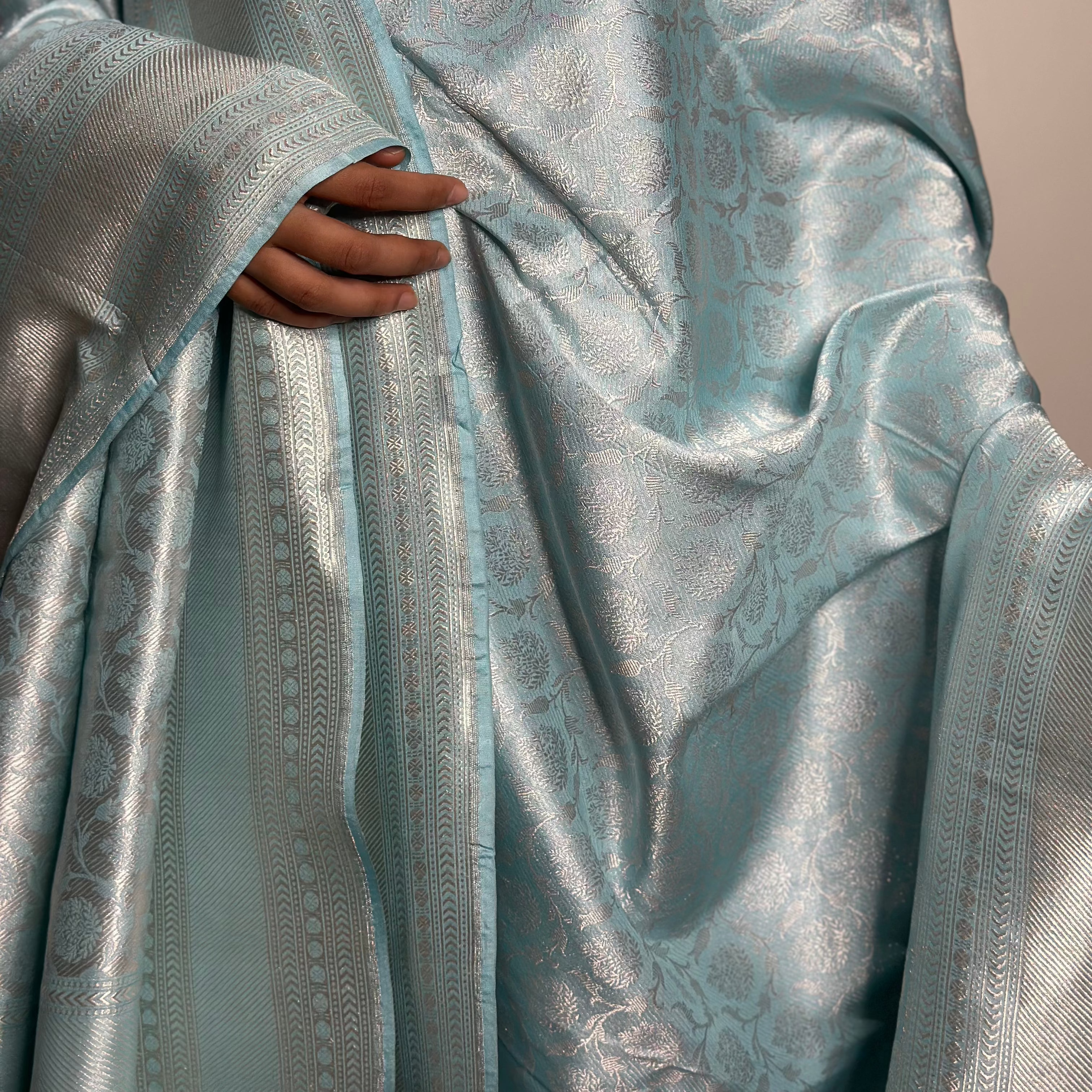 Sky Blue and Silver Jaal Tanchoi Benarasi Saree