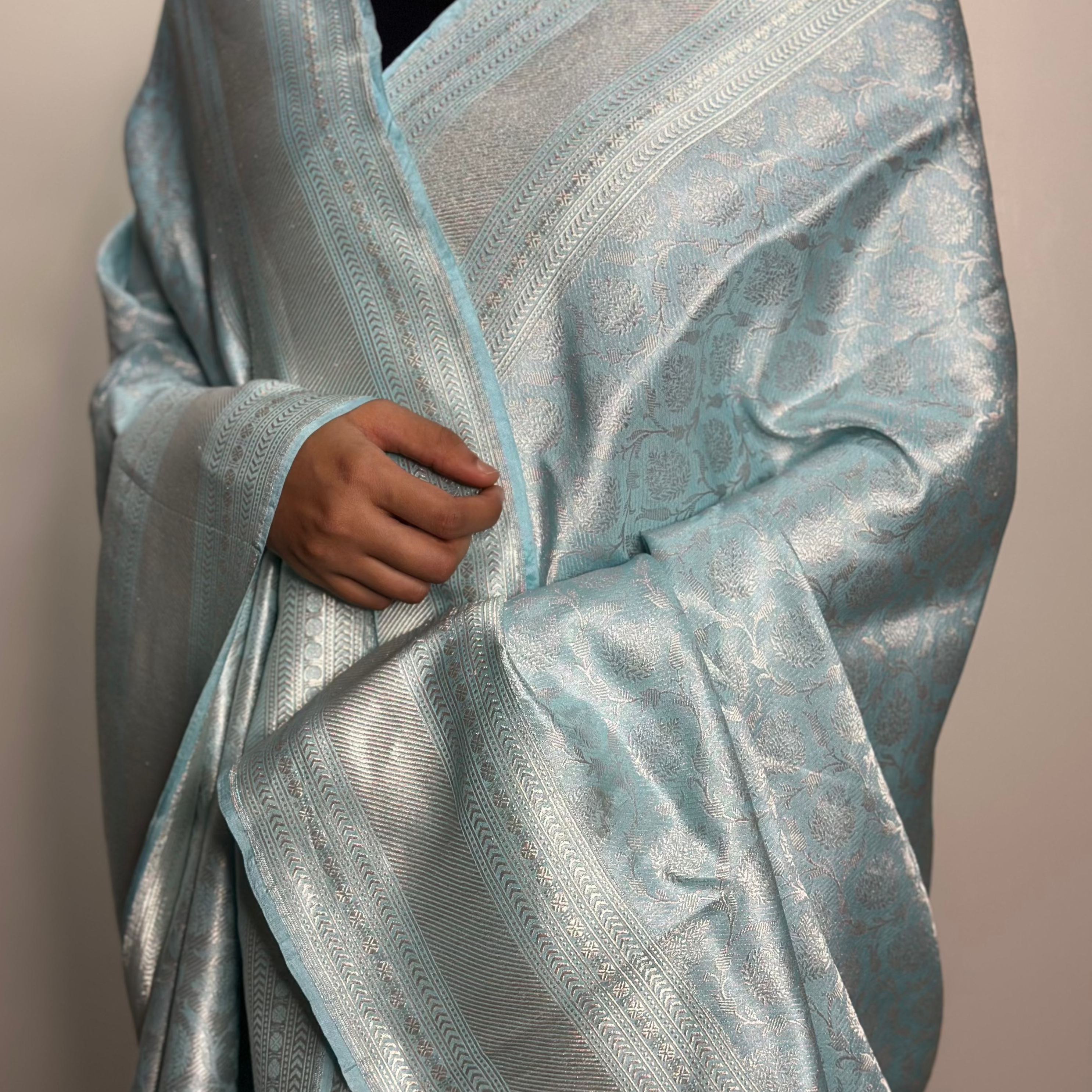 Sky Blue and Silver Jaal Tanchoi Benarasi Saree