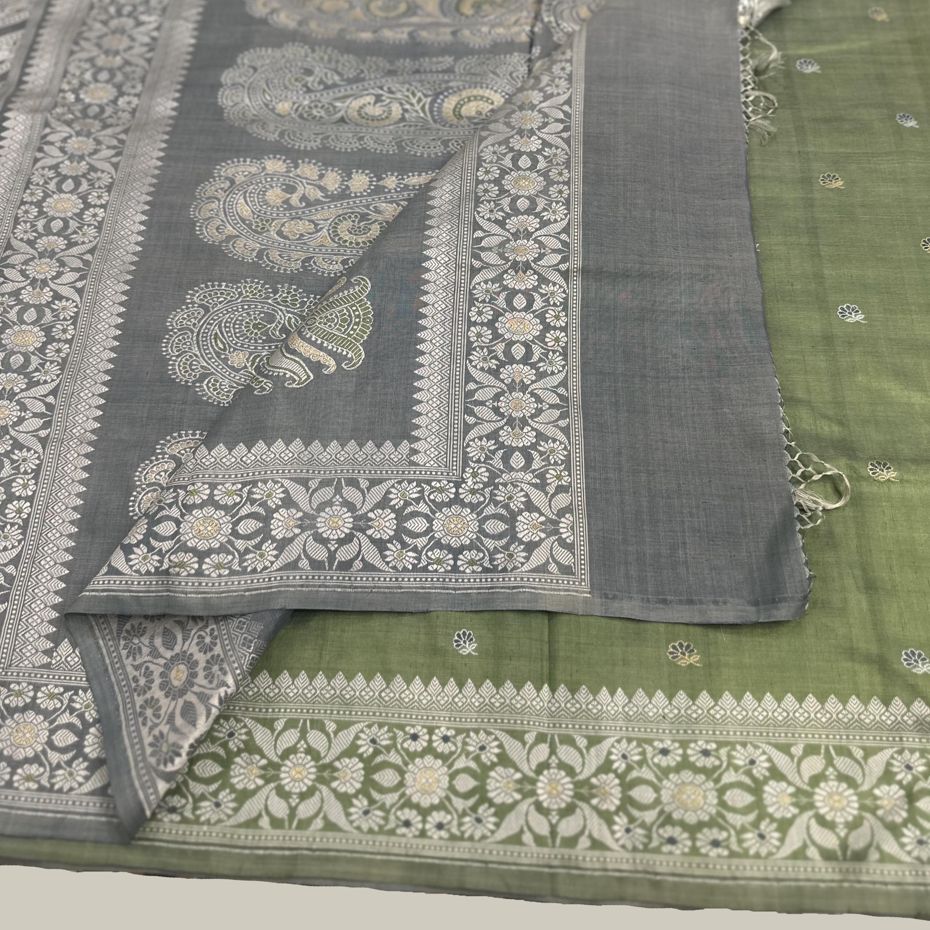 Indigo Ada Baluchari with Green Minakari