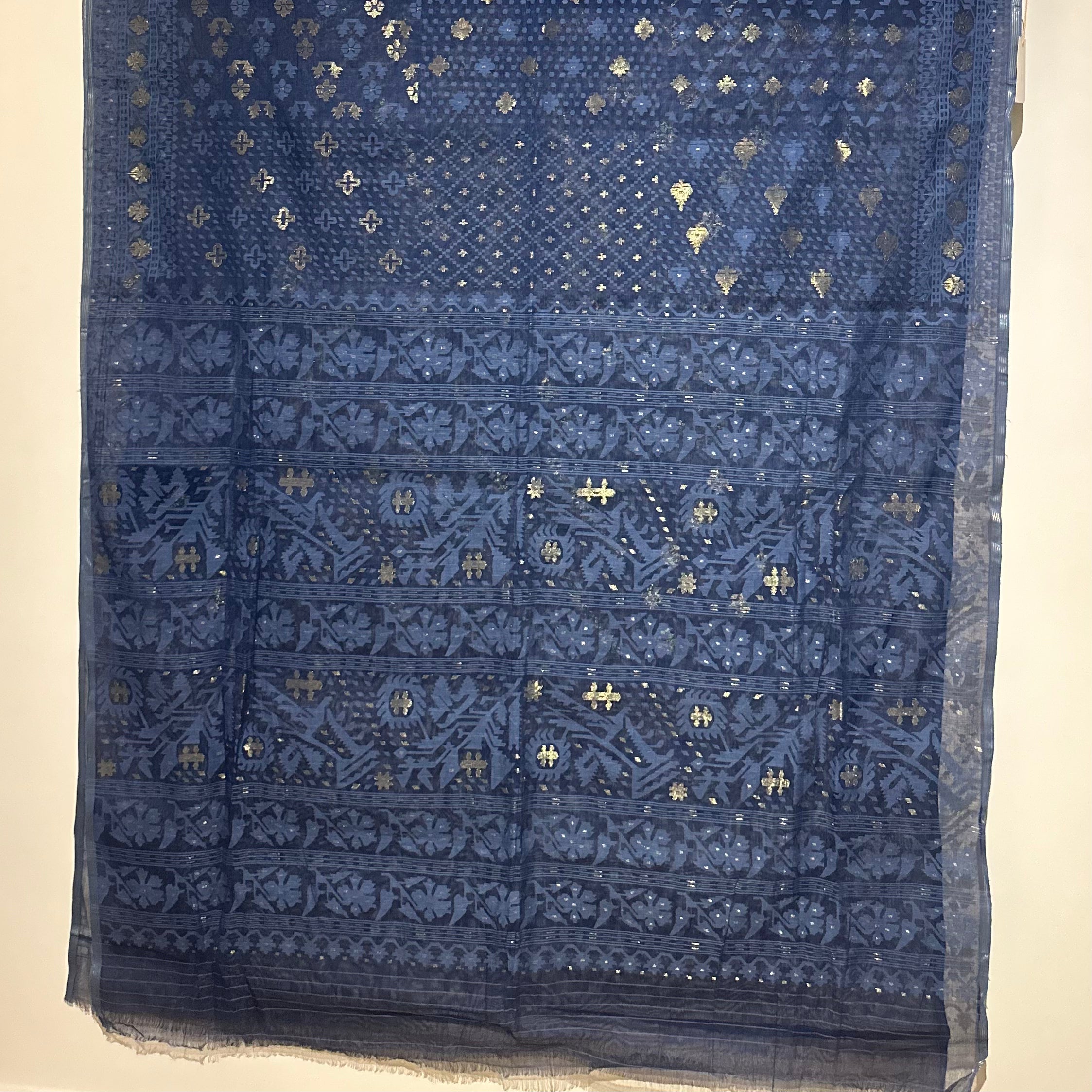 Indigo Handspun 200 Count Dhakai Jamdani Masterpiece with 16 Different Motifs