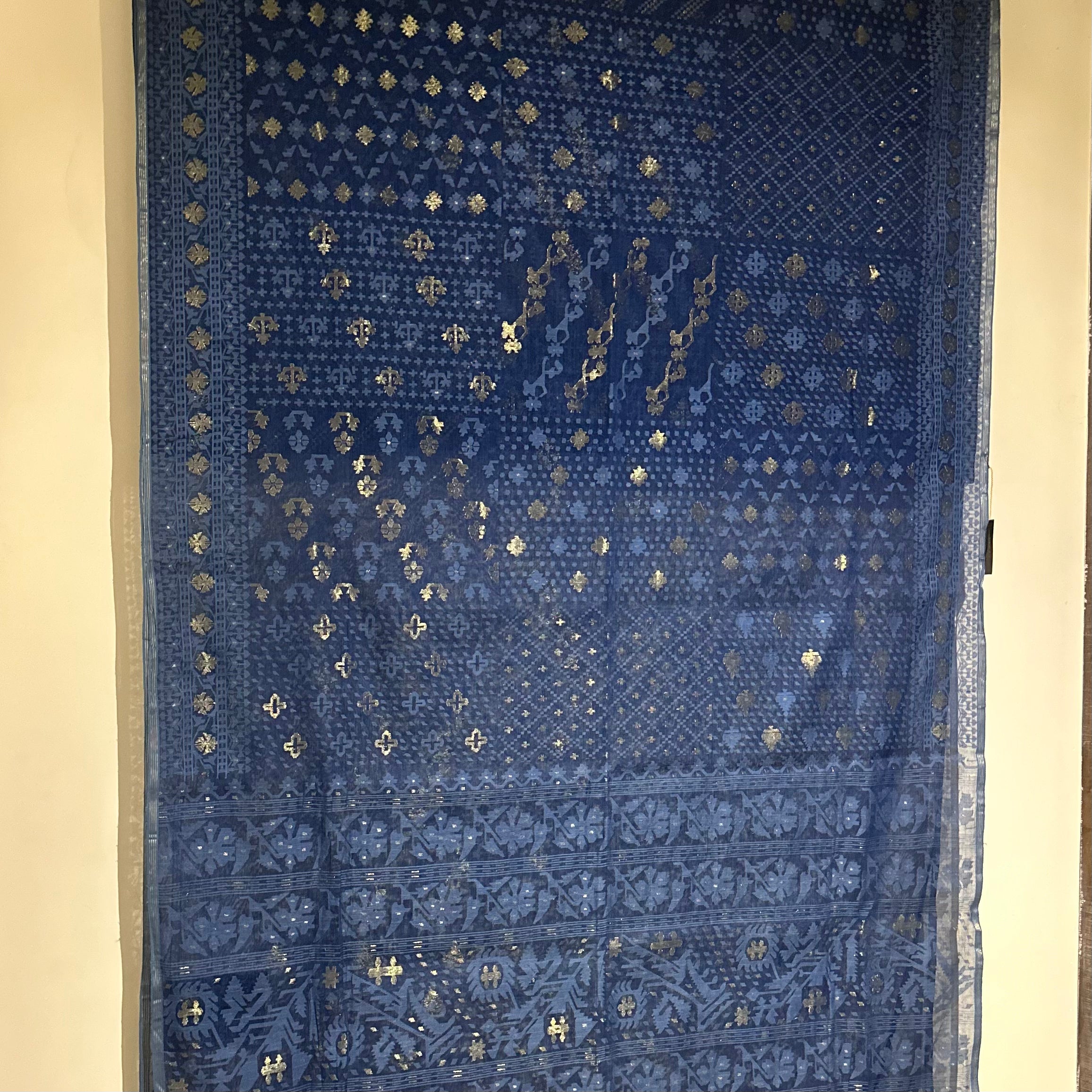 Indigo Handspun 200 Count Dhakai Jamdani Masterpiece with 16 Different Motifs