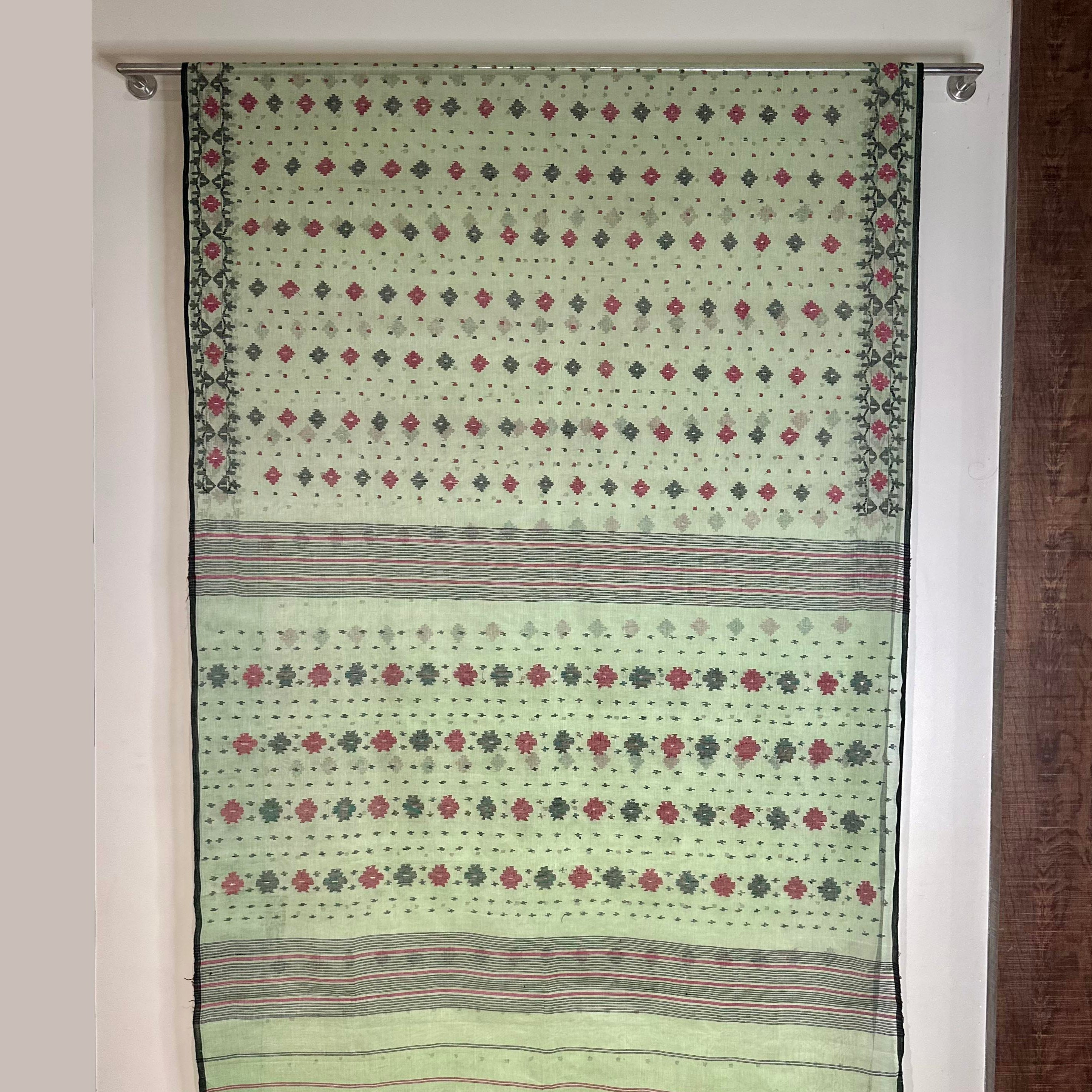 Light Green with red and black Dhakai Jamdani