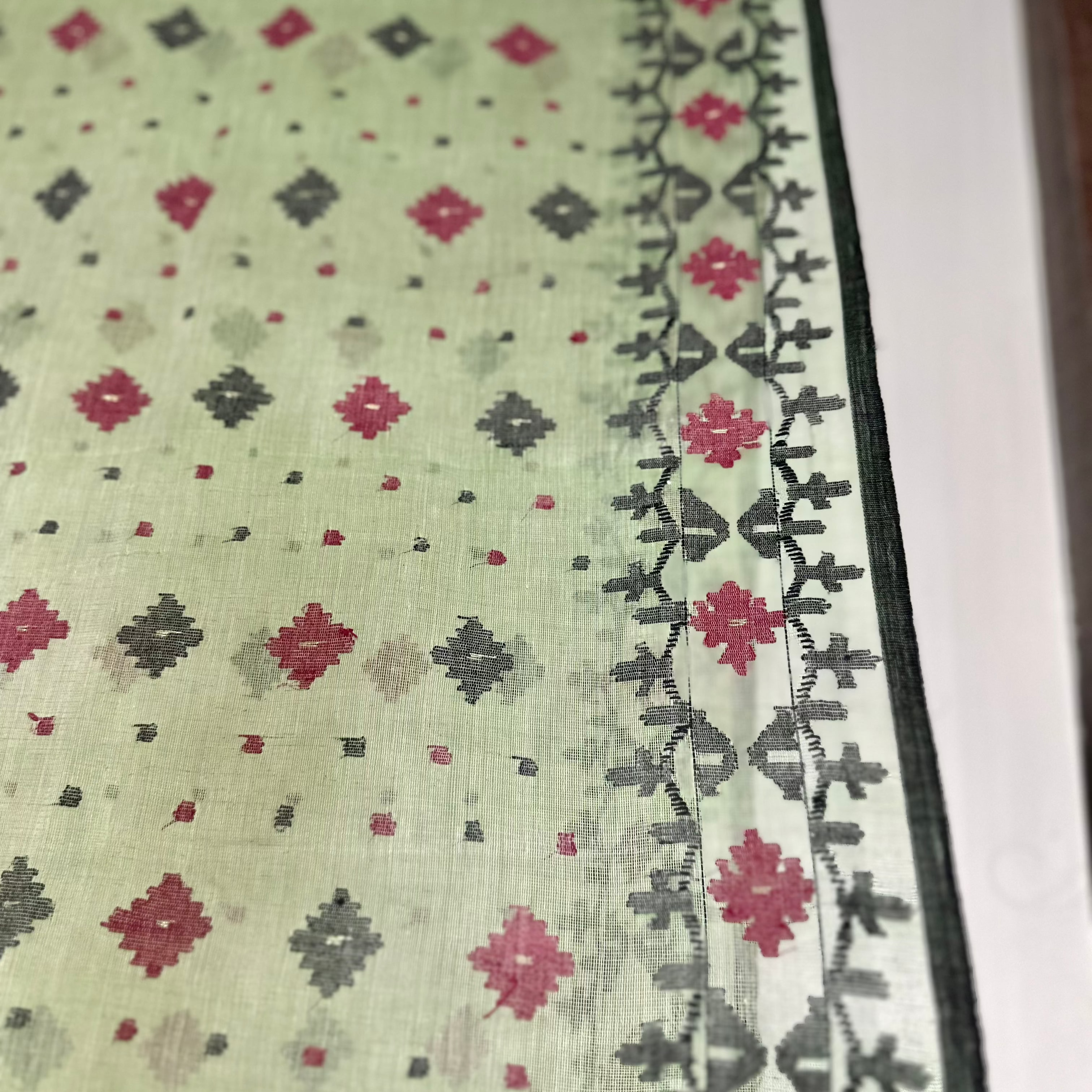 Light Green with red and black Dhakai Jamdani