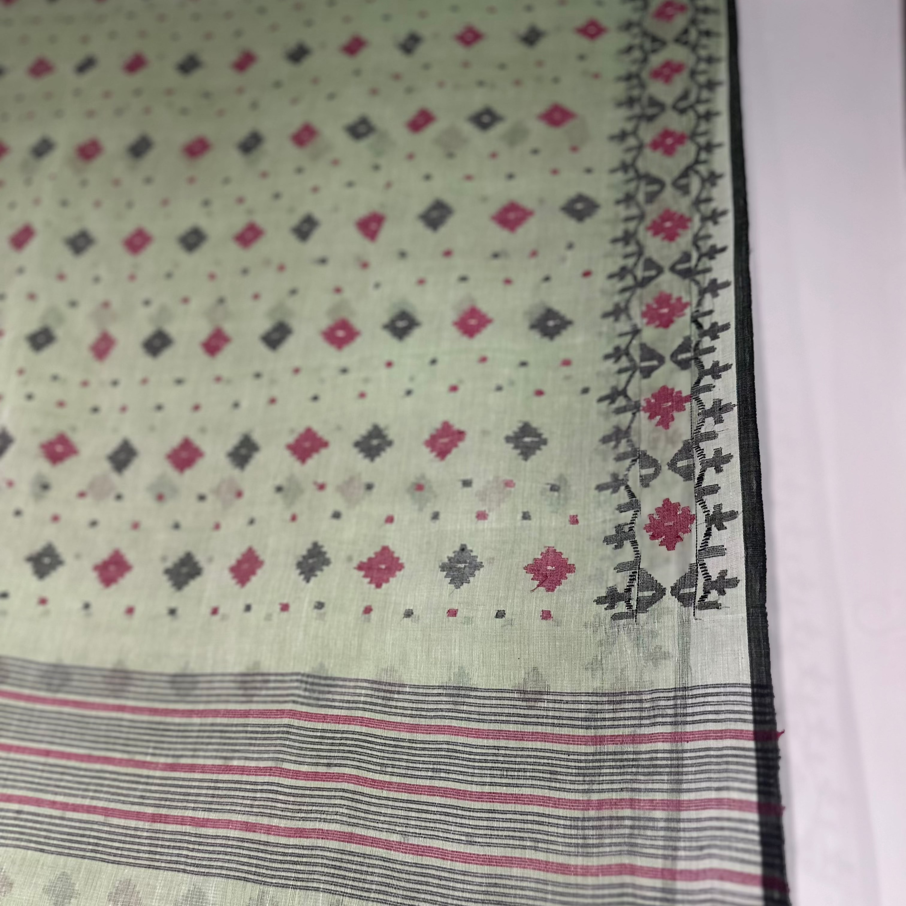 Light Green with red and black Dhakai Jamdani