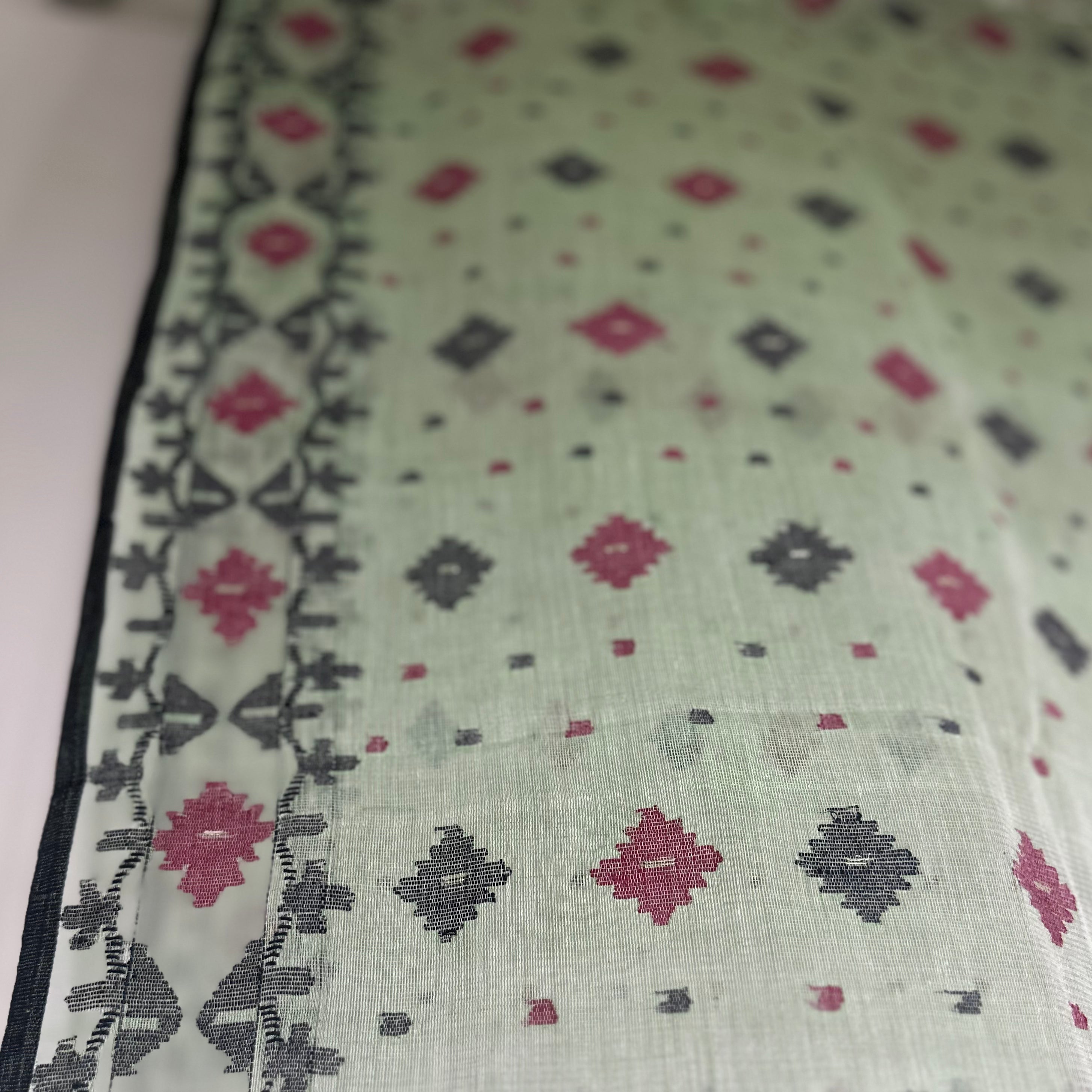 Light Green with red and black Dhakai Jamdani
