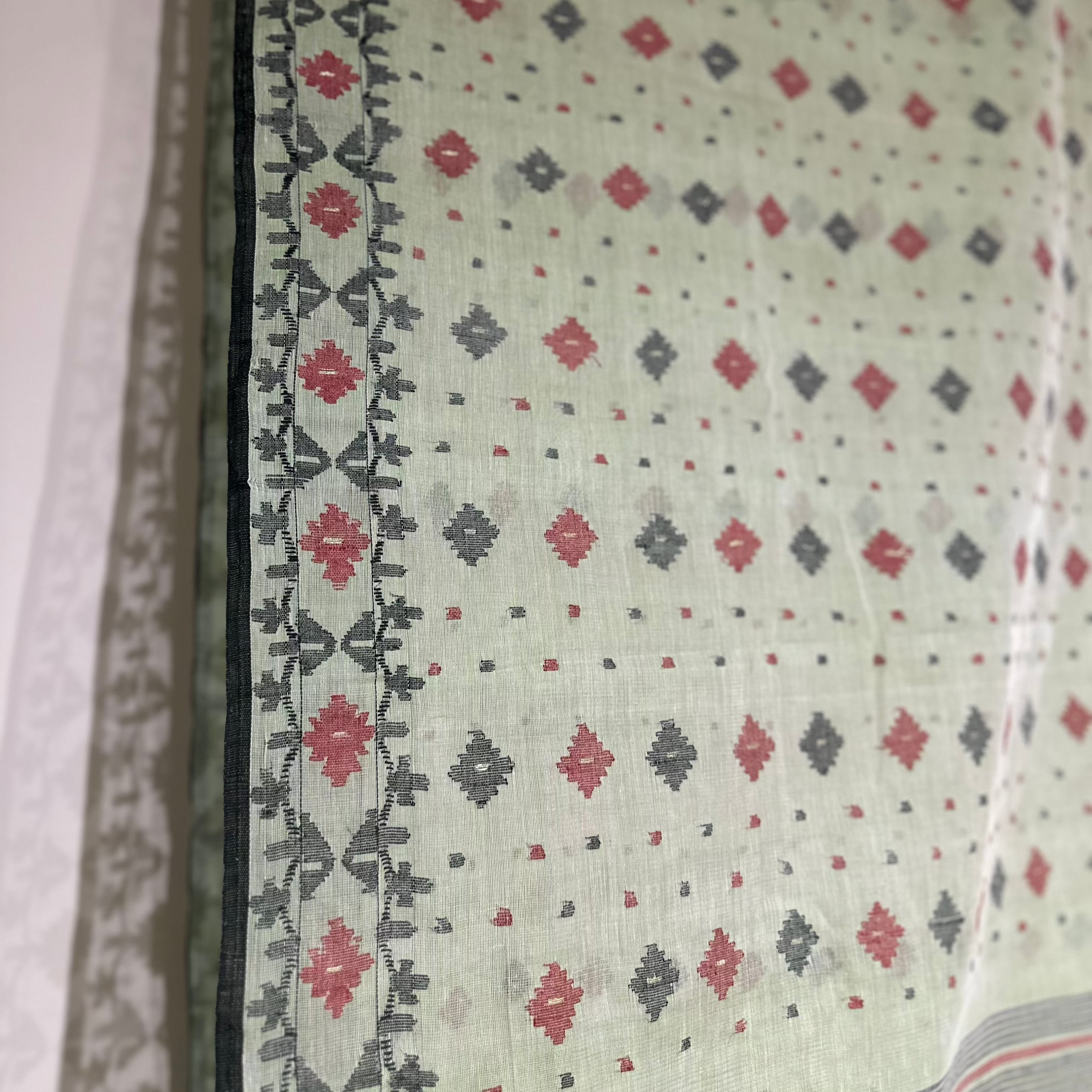 Light Green with red and black Dhakai Jamdani