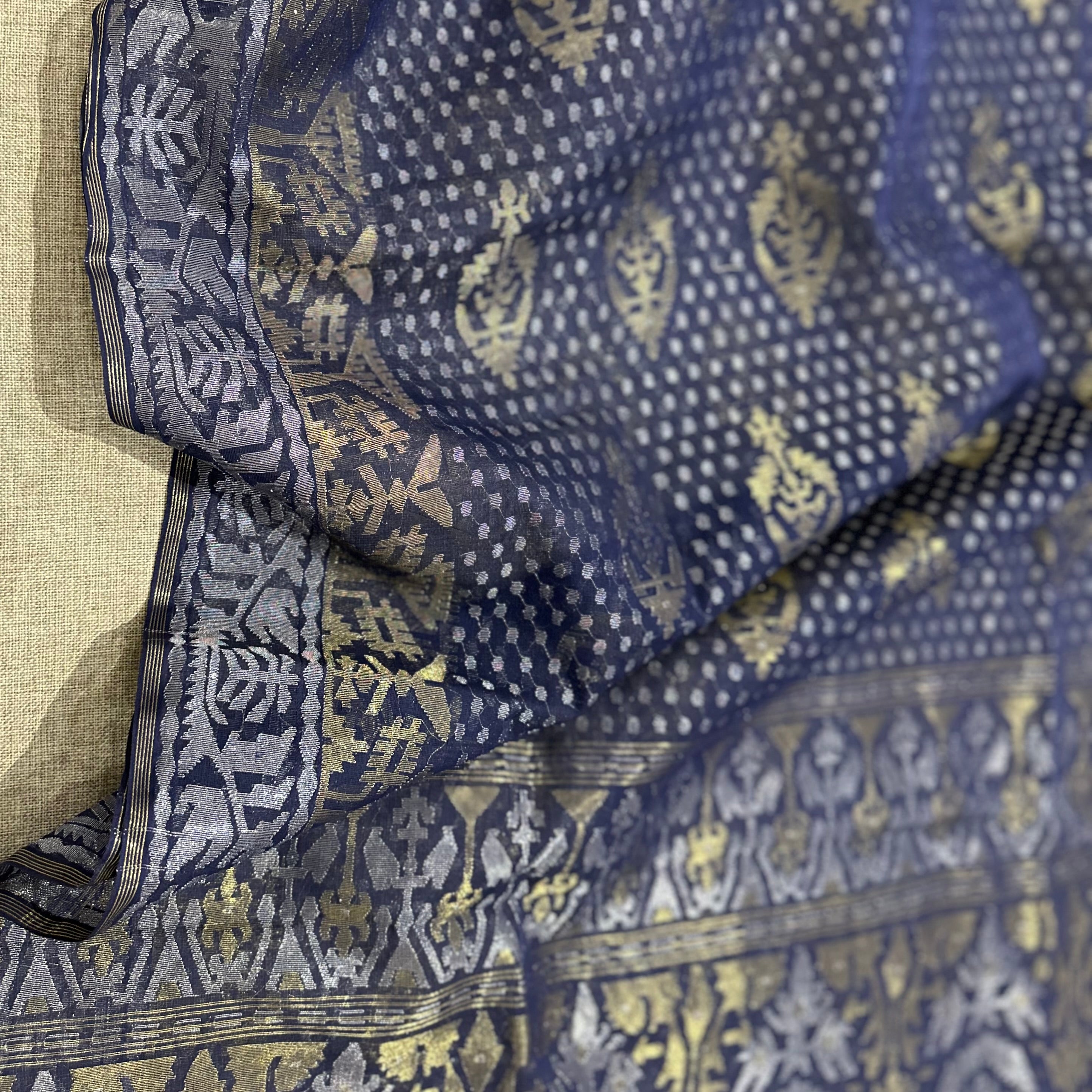 Blue with Golden and Silver zari Dhakai Jamdani