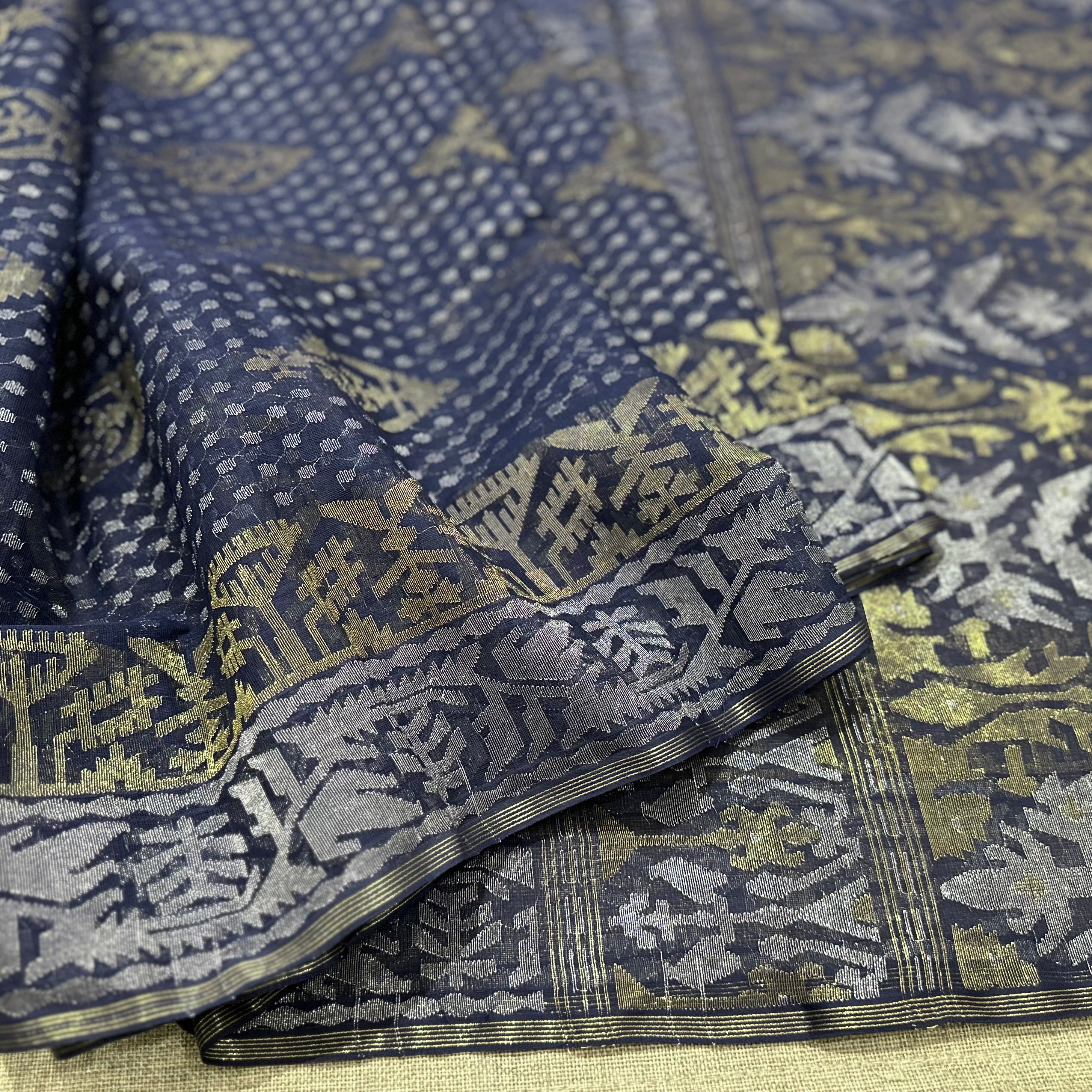 Blue with Golden and Silver zari Dhakai Jamdani