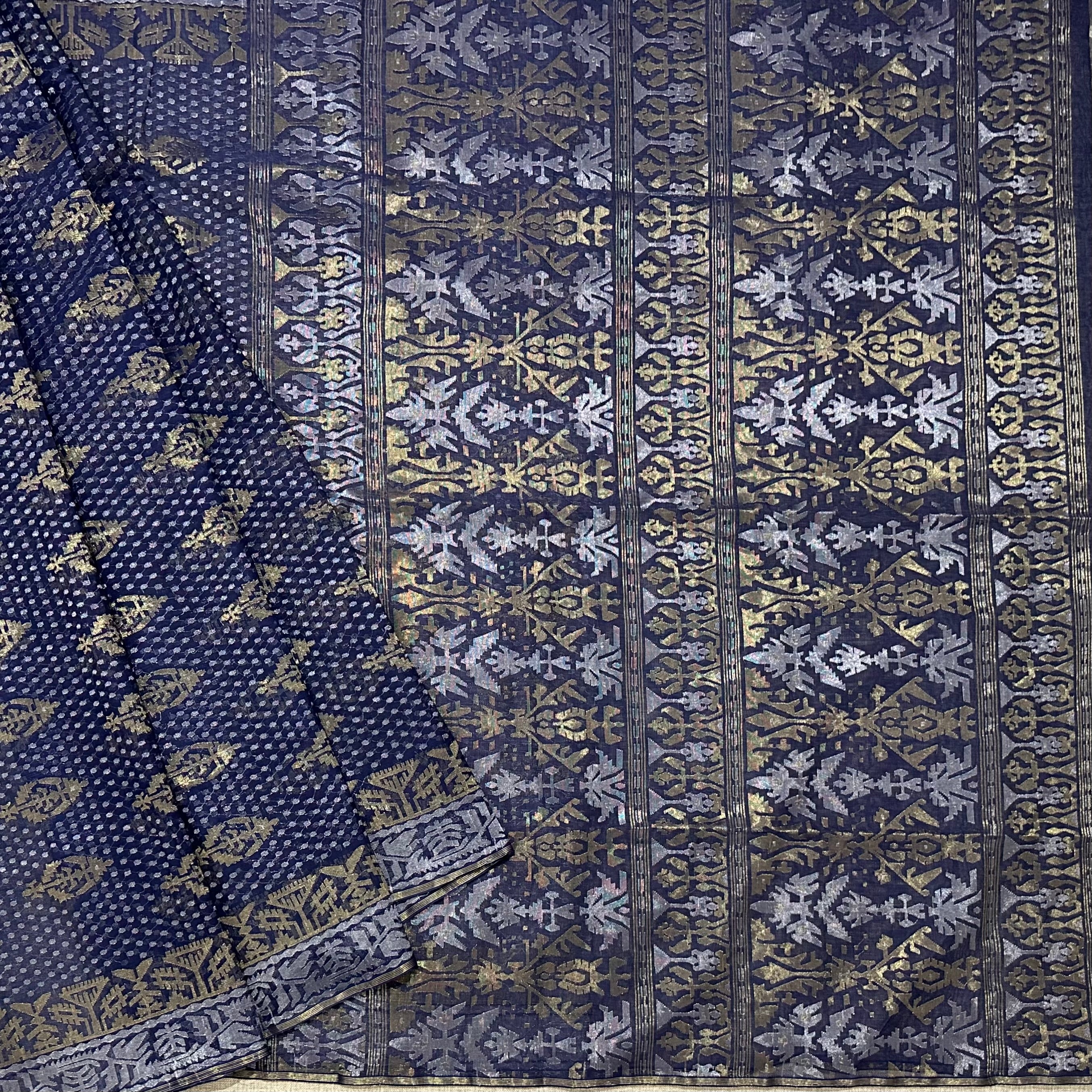 Blue with Golden and Silver zari Dhakai Jamdani