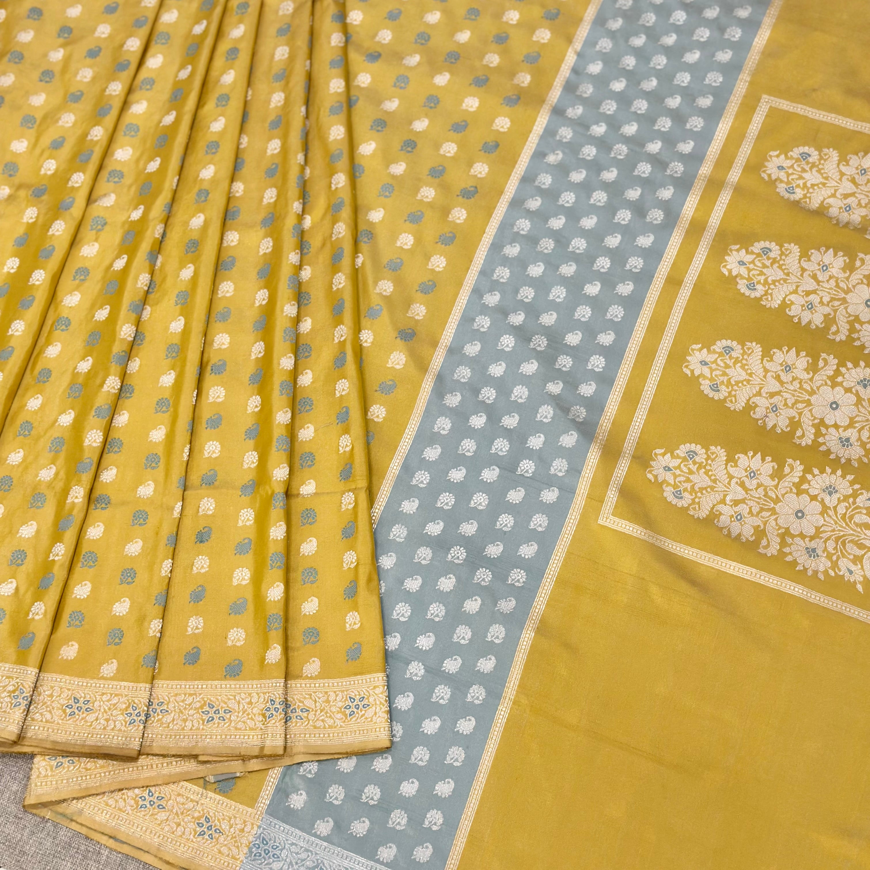 Yellow and Sky Blue Buti Baluchari with Tree of Life