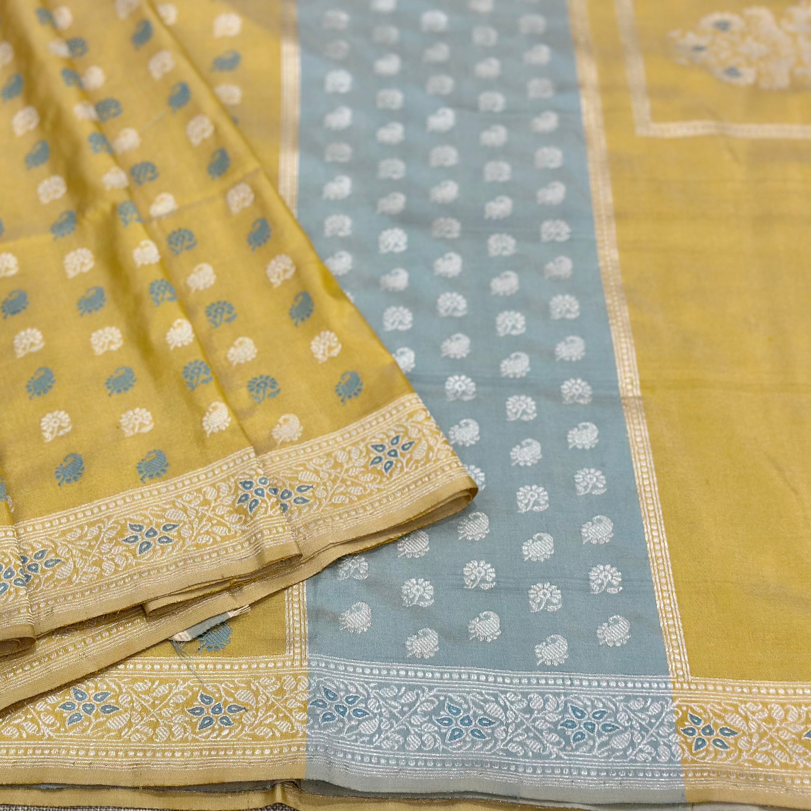 Yellow and Sky Blue Buti Baluchari with Tree of Life