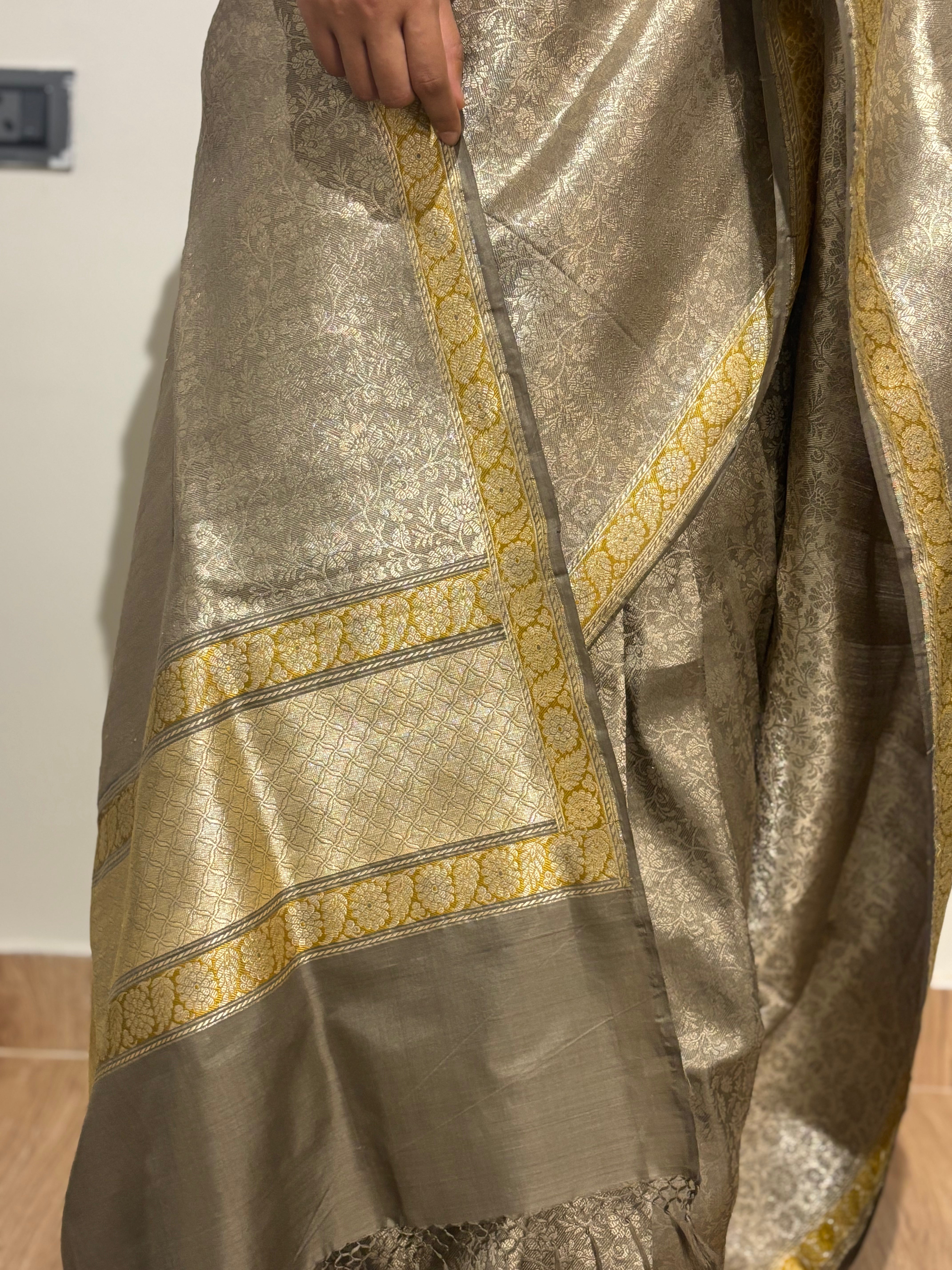 Sage Green Tanchoi With Mustard Minakari Khadwa Border Benarasi Saree