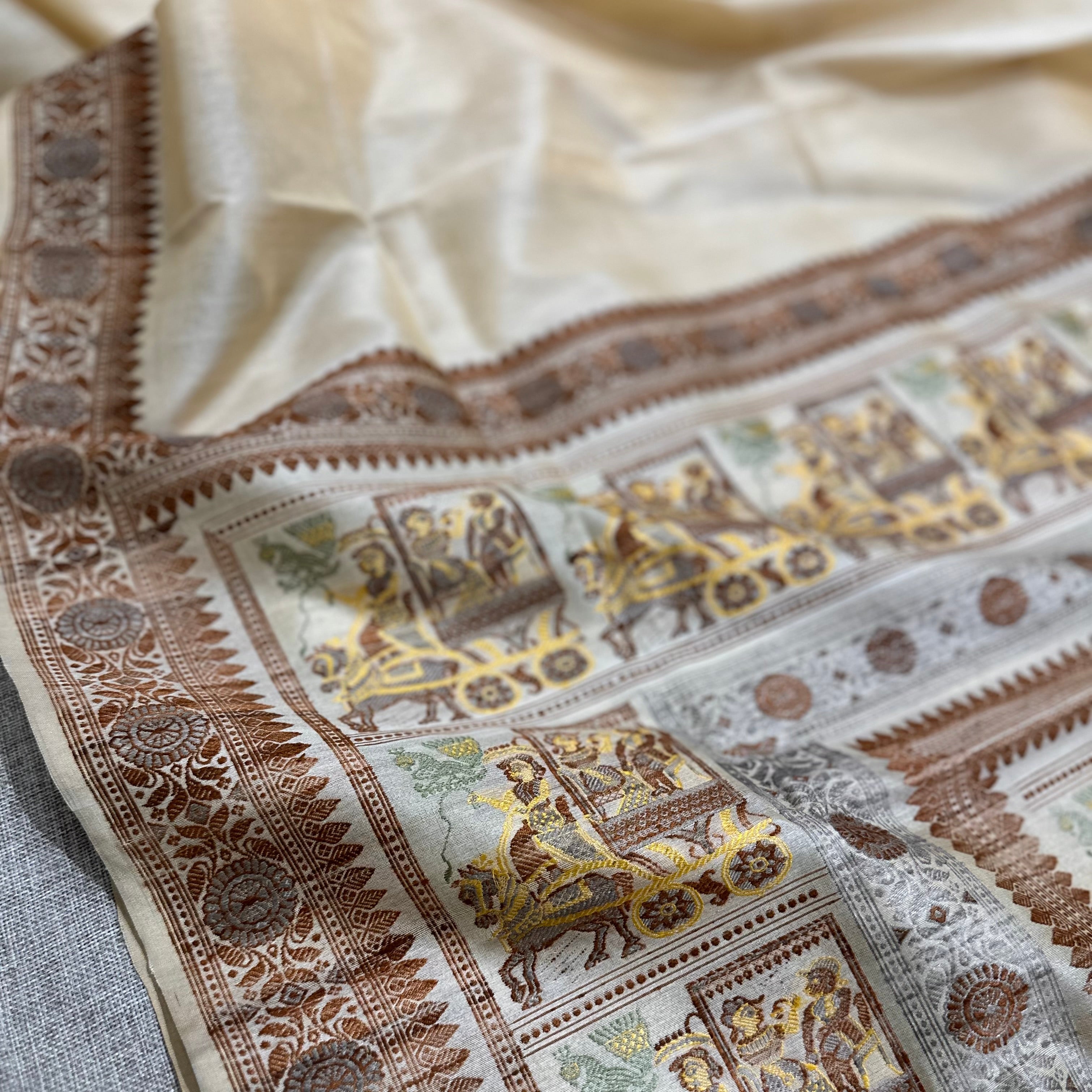 Beige Grand Palla Baluchari Saree in Tussar