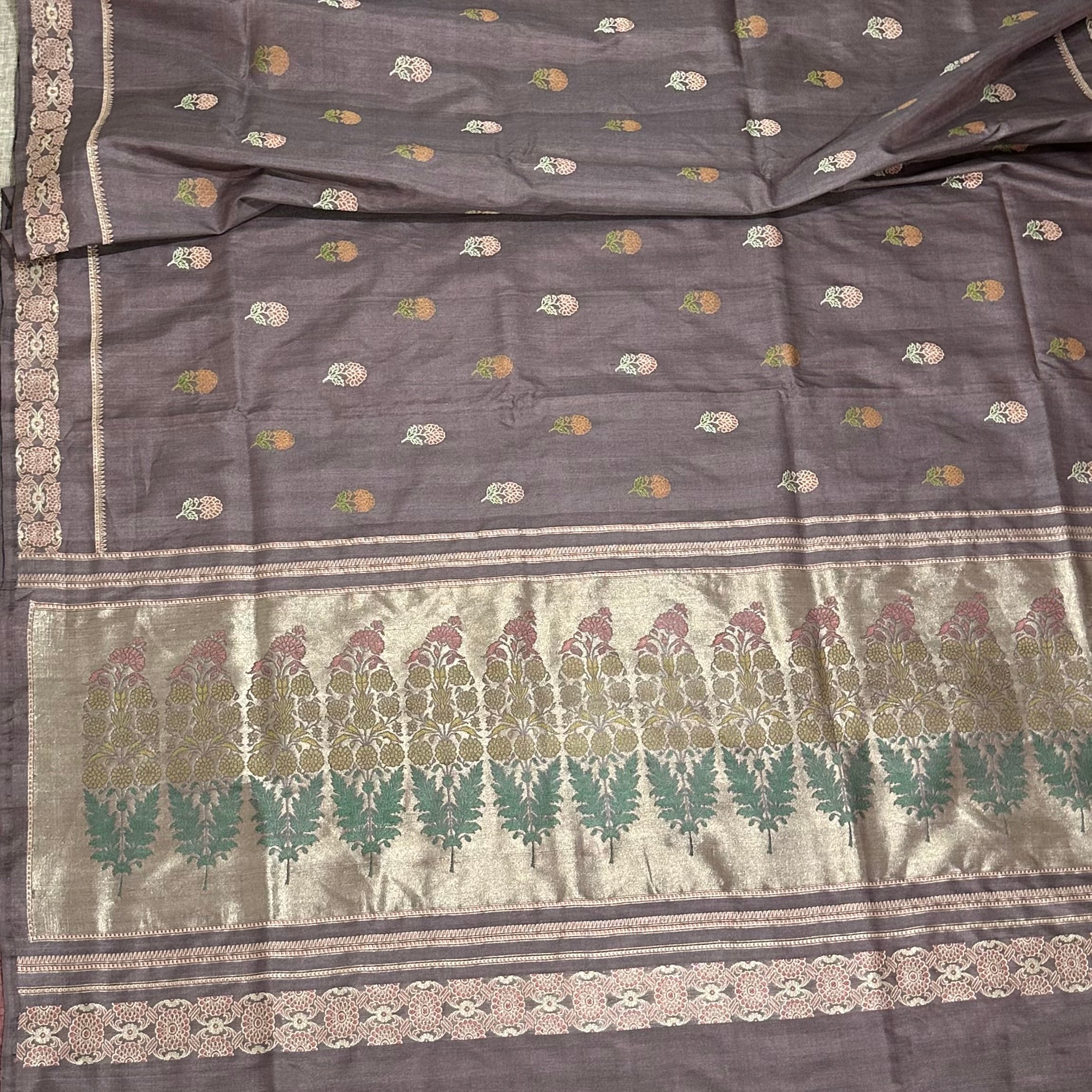 Lavender Grey Tussar Silk Baluchari Saree
