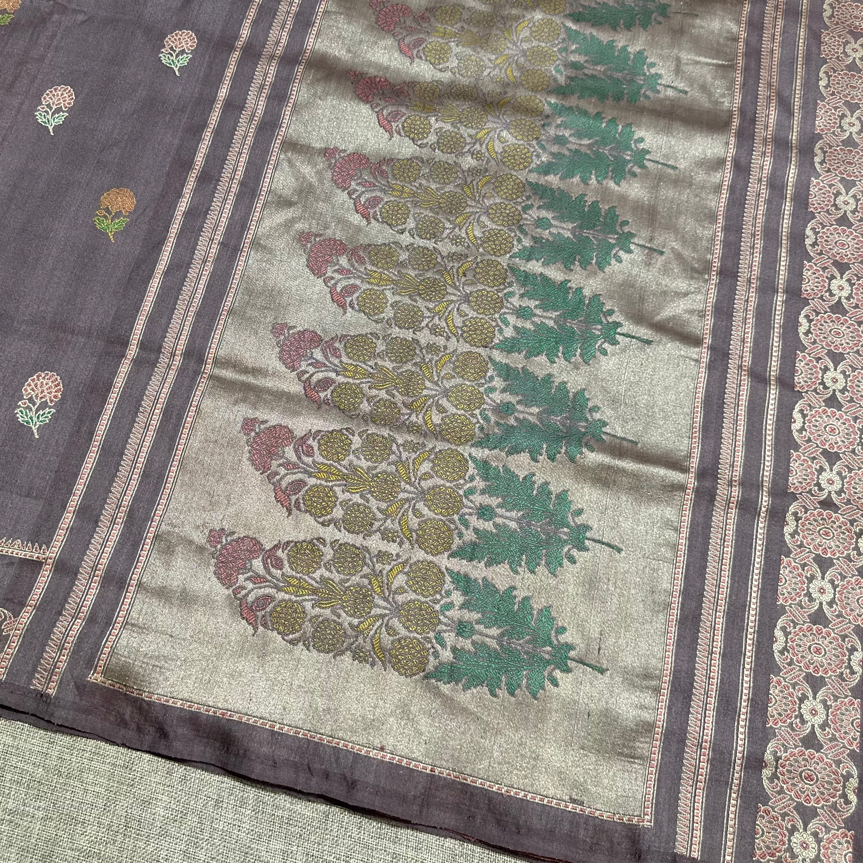 Lavender Grey Tussar Silk Baluchari Saree