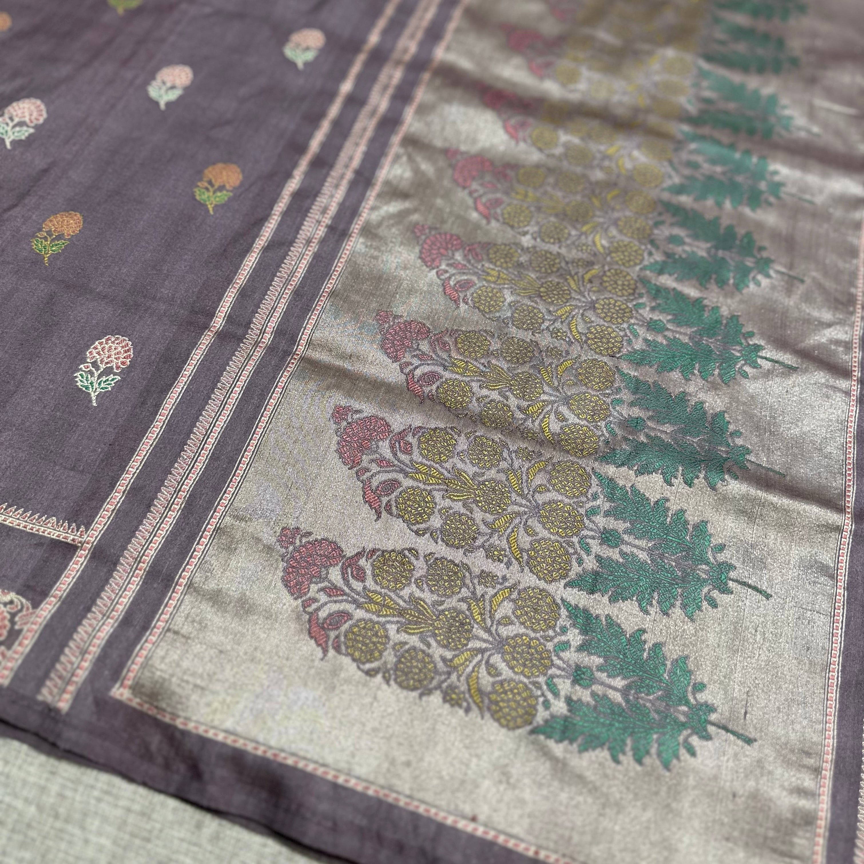 Lavender Grey Tussar Silk Baluchari Saree