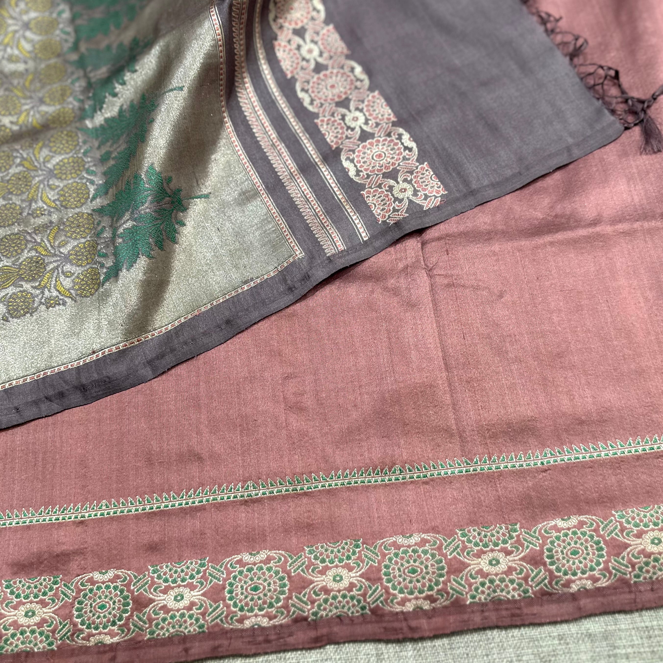 Lavender Grey Tussar Silk Baluchari Saree