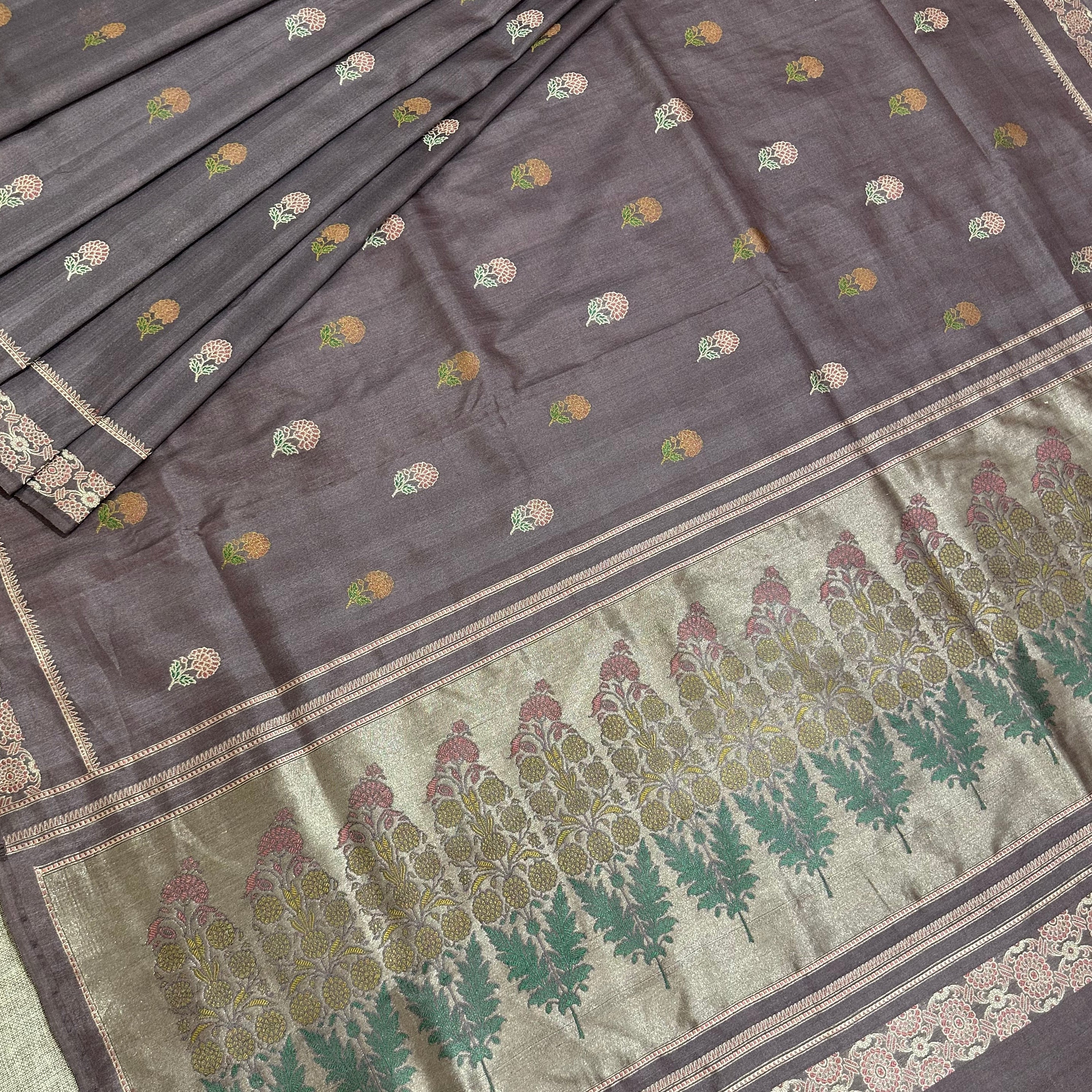 Lavender Grey Tussar Silk Baluchari Saree