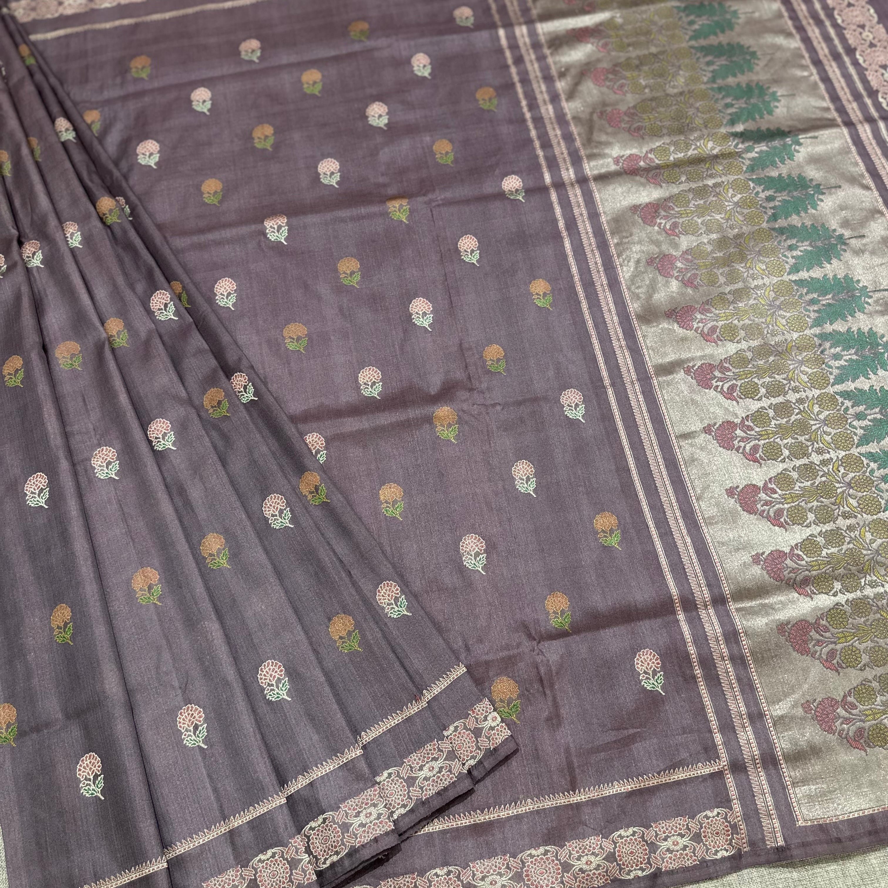 Lavender Grey Tussar Silk Baluchari Saree
