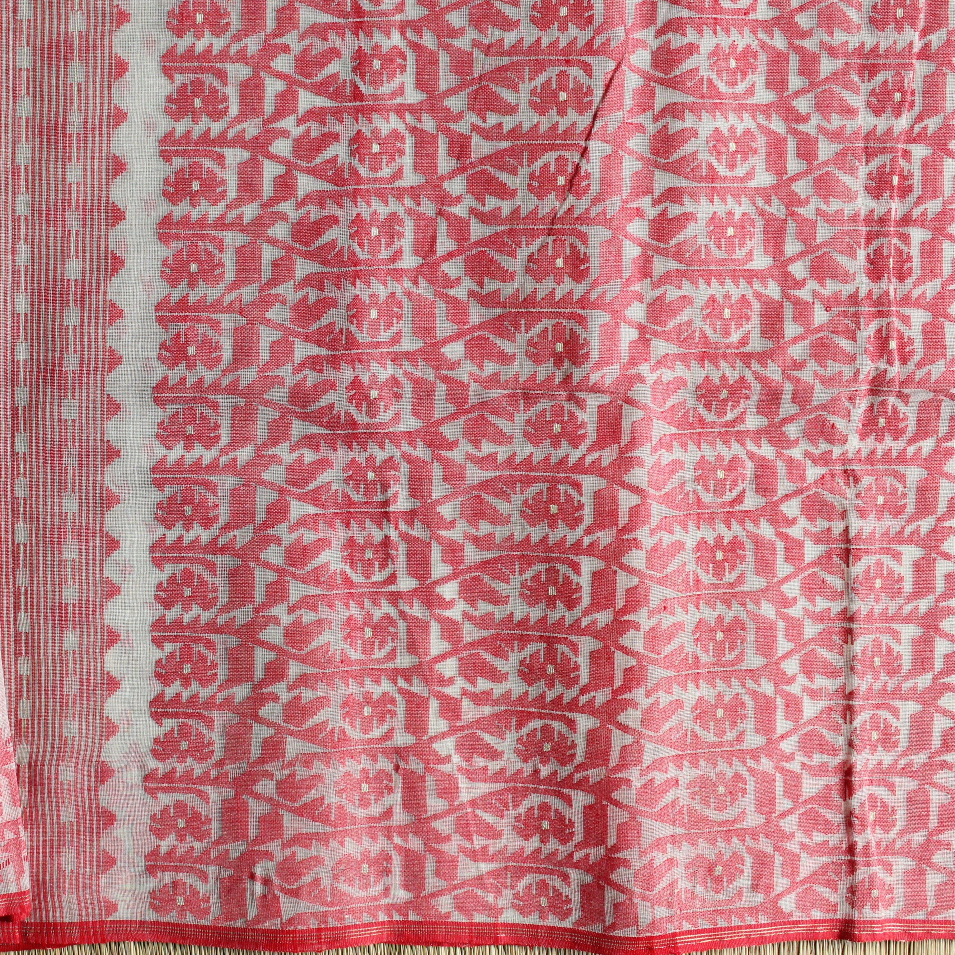 White and Red with Red Butis Dhakai Jamdani