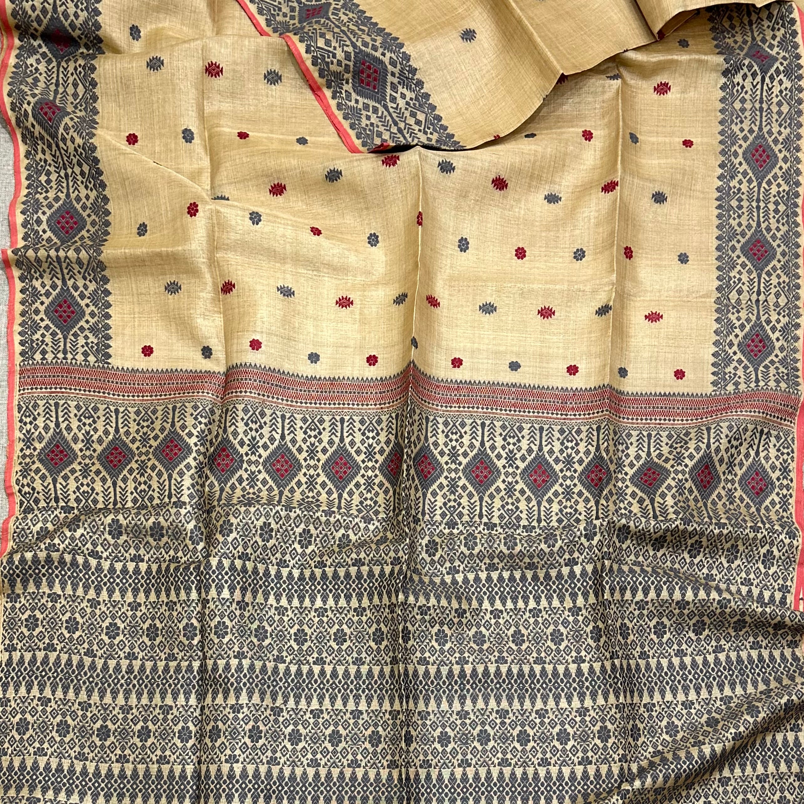 Handwoven Pure Muga Saree with Natural Dyed Grey and Red Eri Extra Weft