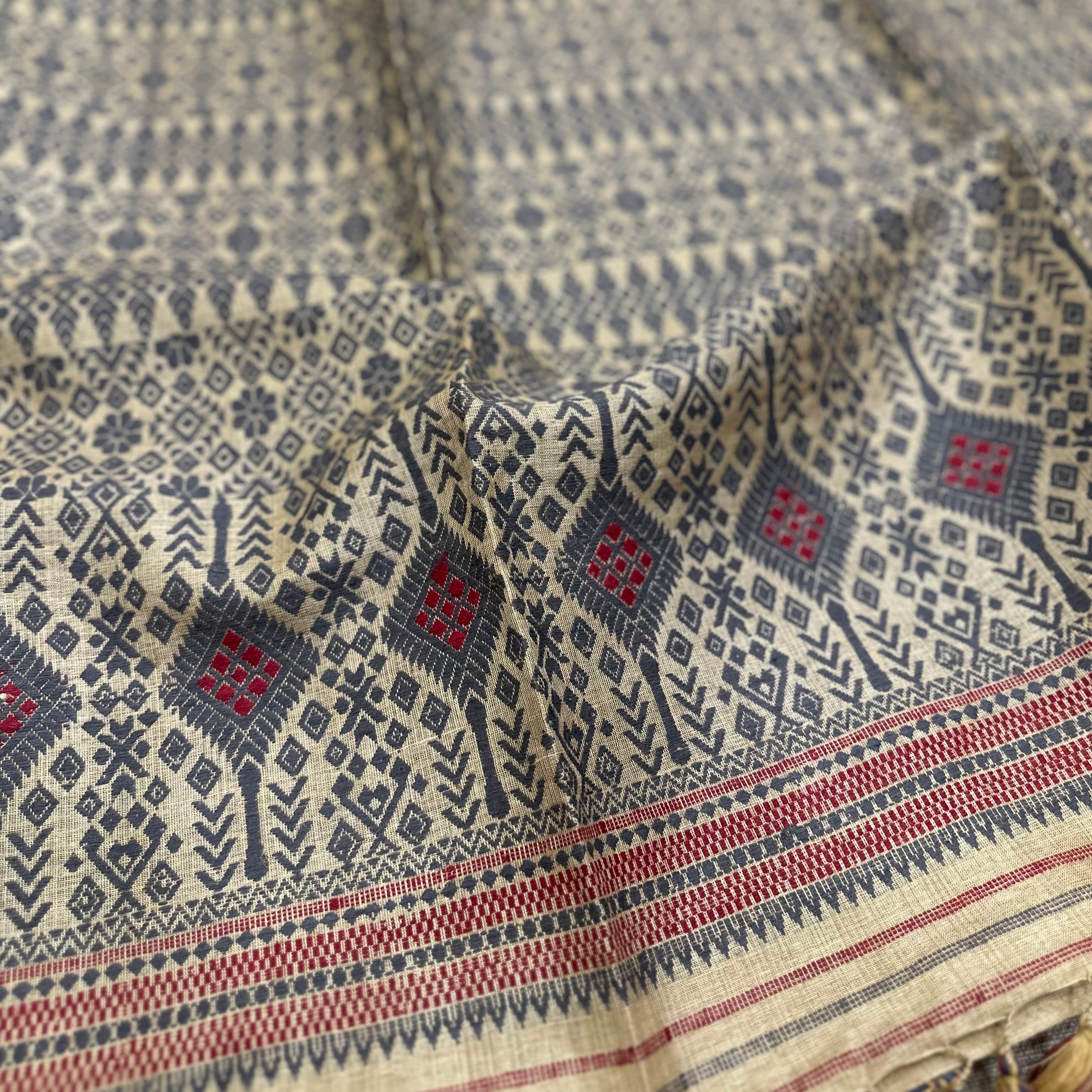 Handwoven Pure Muga Saree with Natural Dyed Grey and Red Eri Extra Weft
