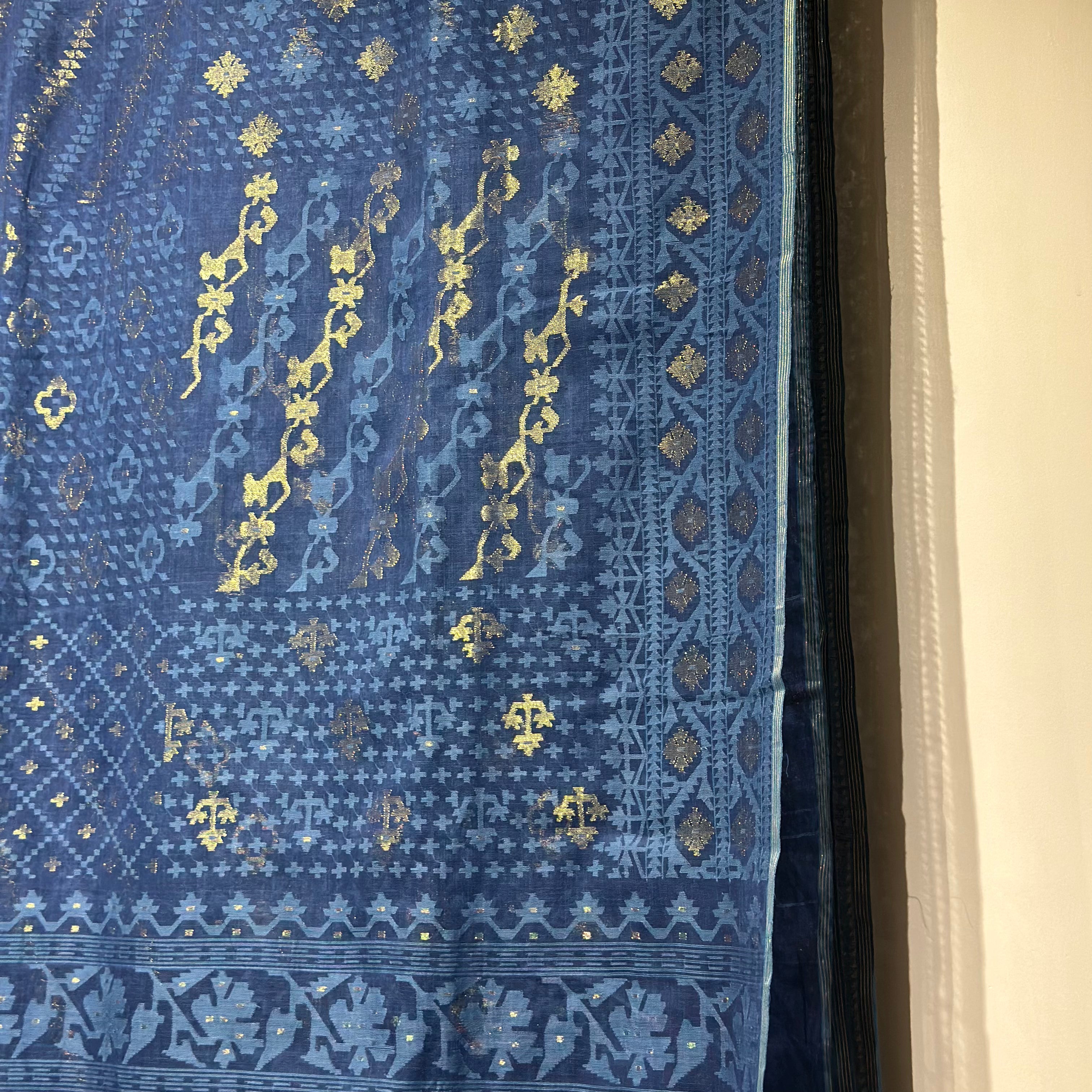 Indigo Handspun 200 Count Dhakai Jamdani Masterpiece with 16 Different Motifs