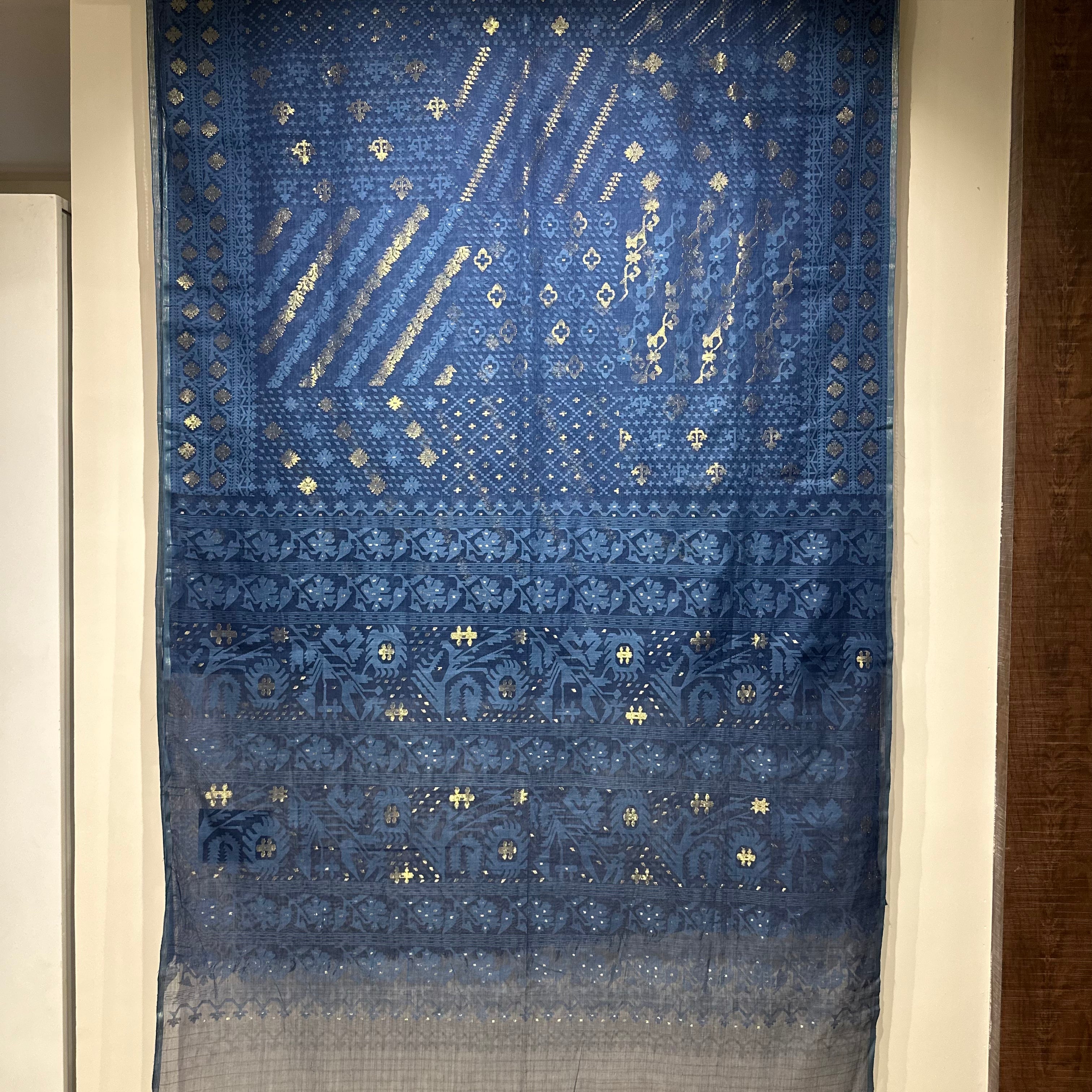 Indigo Handspun 200 Count Dhakai Jamdani Masterpiece with 16 Different Motifs