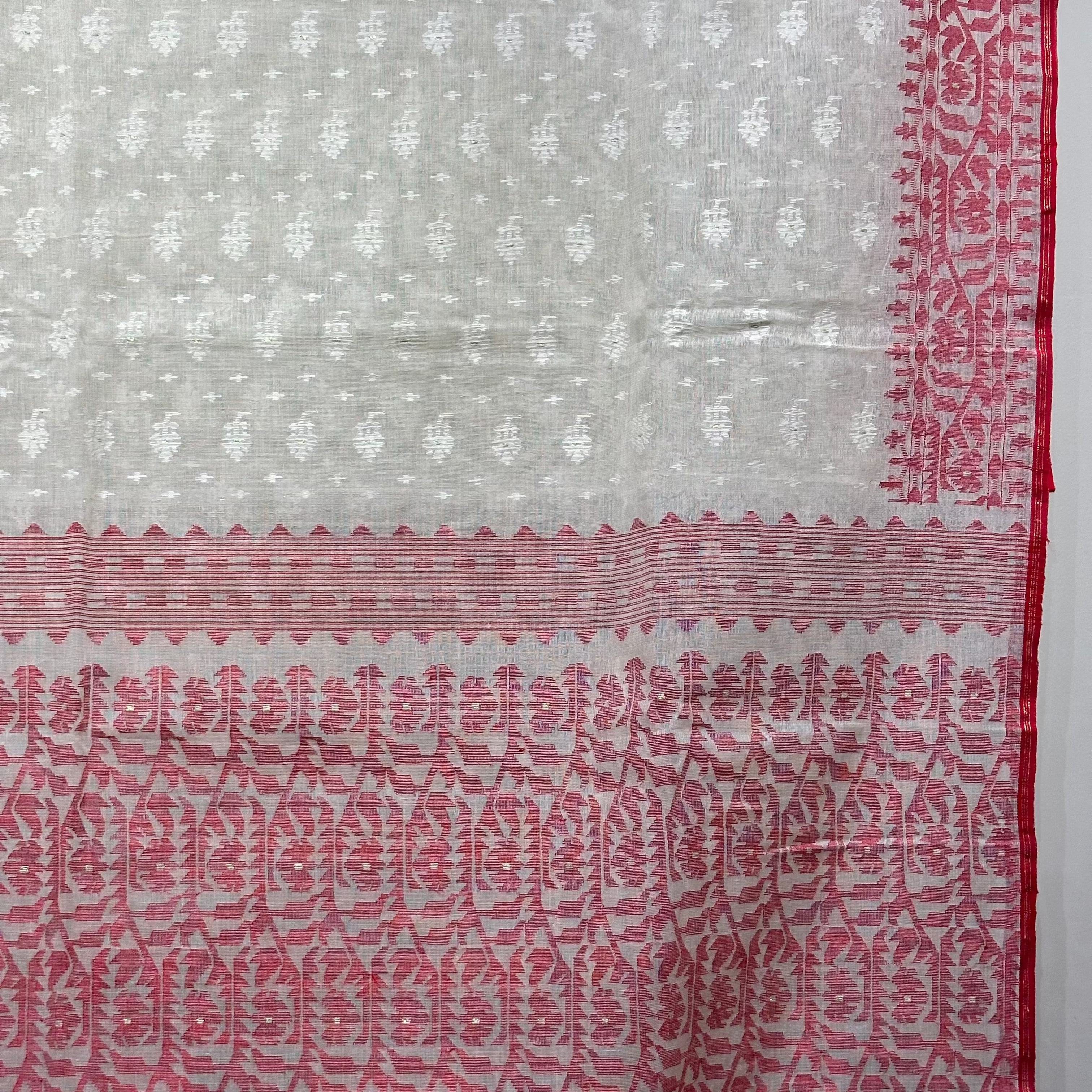 White and Red with White Butis Dhakai Jamdani