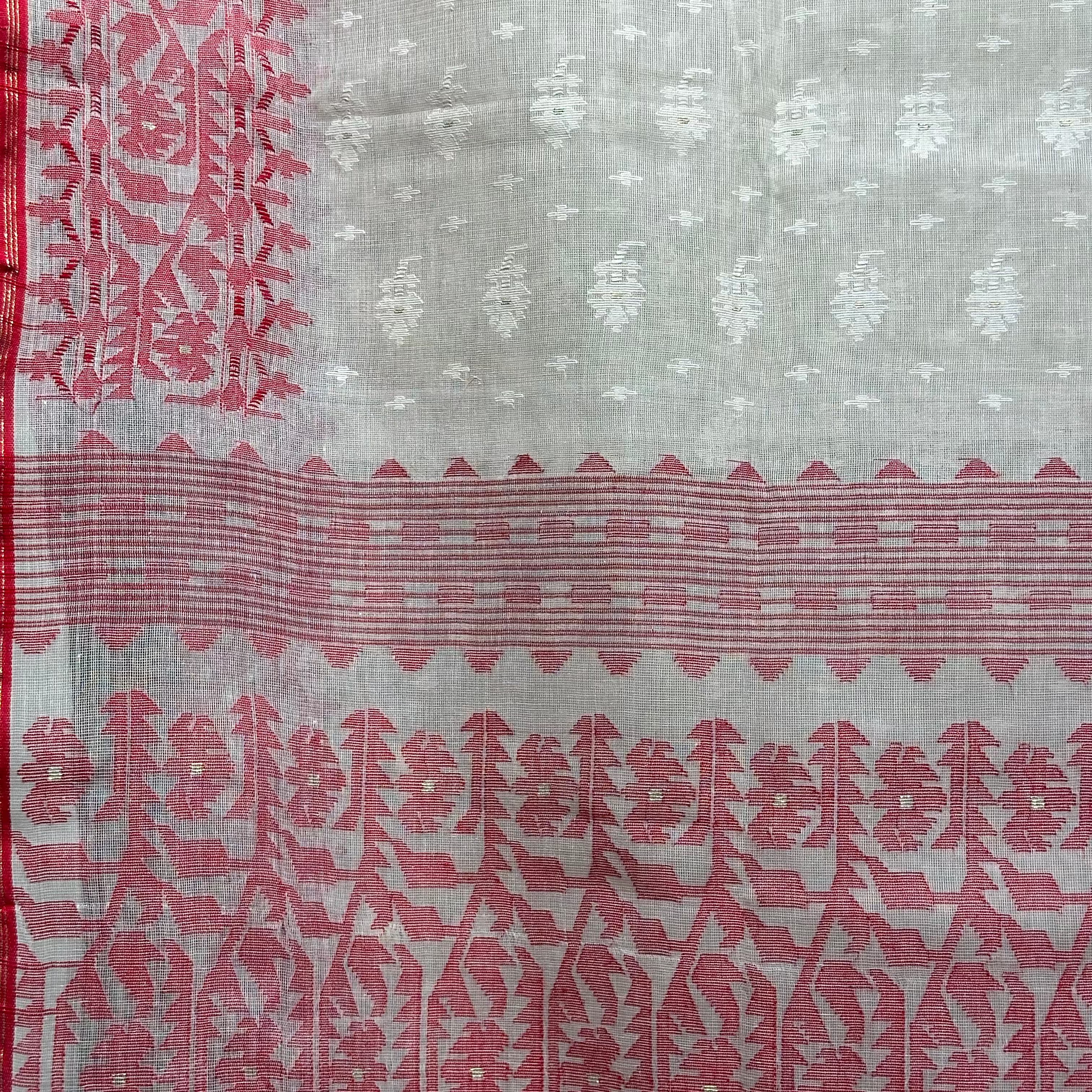 White and Red with White Butis Dhakai Jamdani