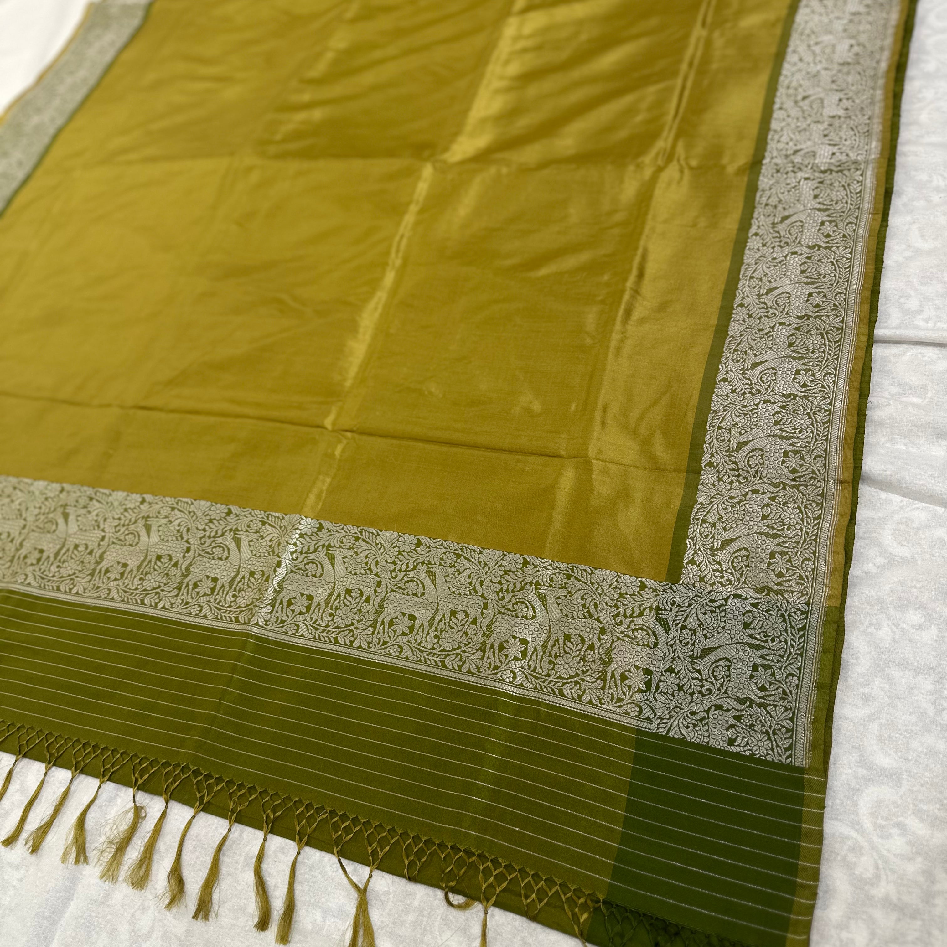 Shikargah Khadwa Benarasi in Mustard and Olive