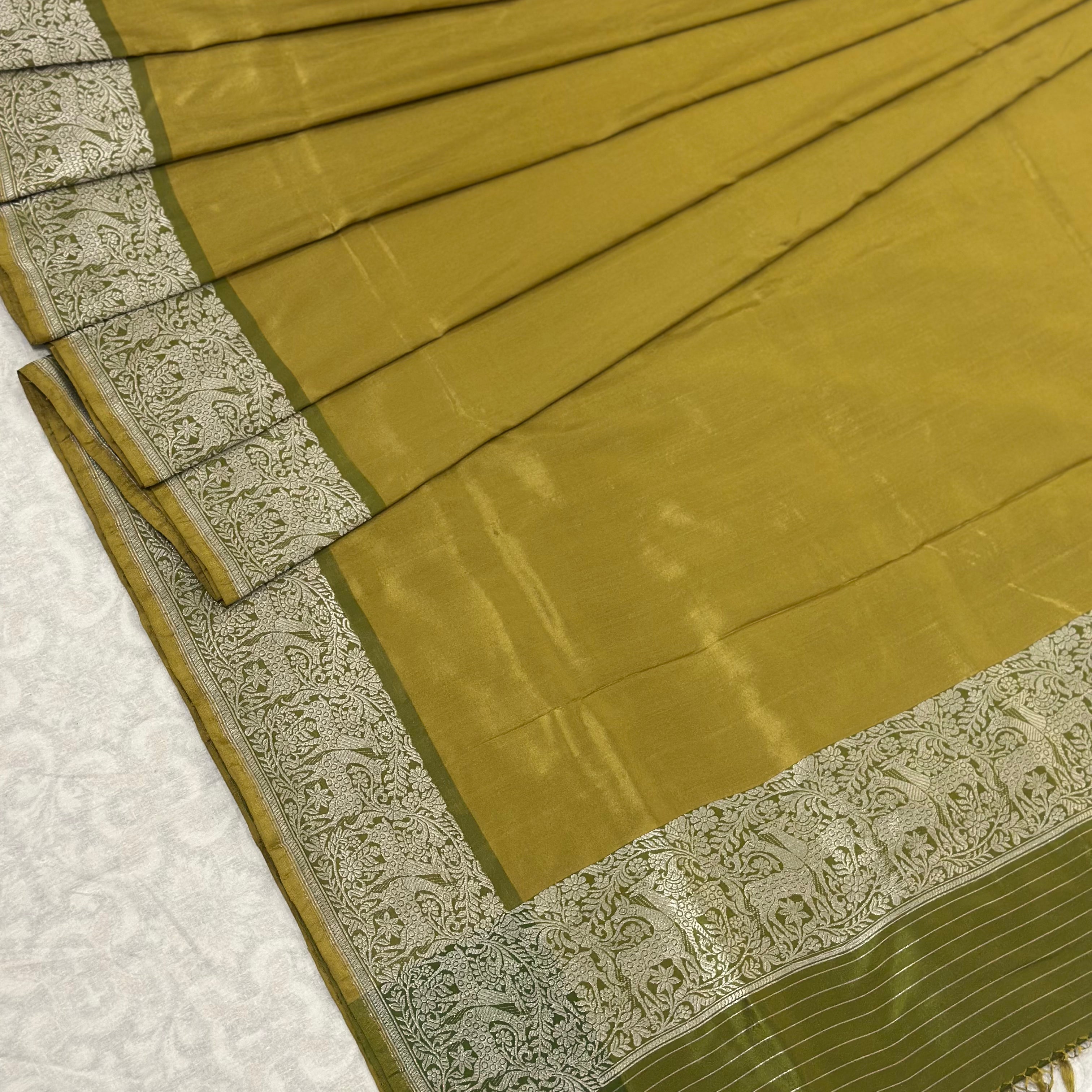 Shikargah Khadwa Benarasi in Mustard and Olive