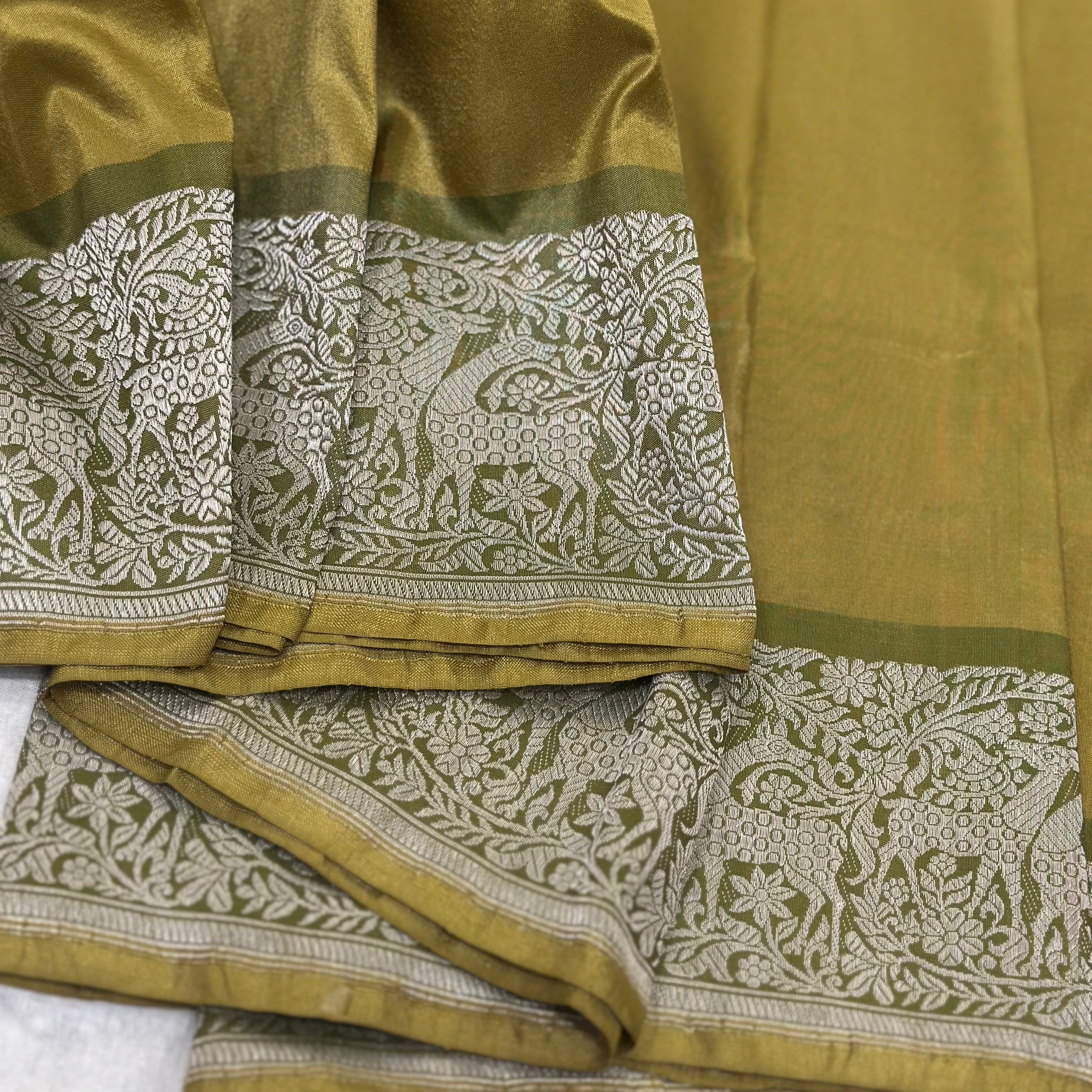 Shikargah Khadwa Benarasi in Mustard and Olive