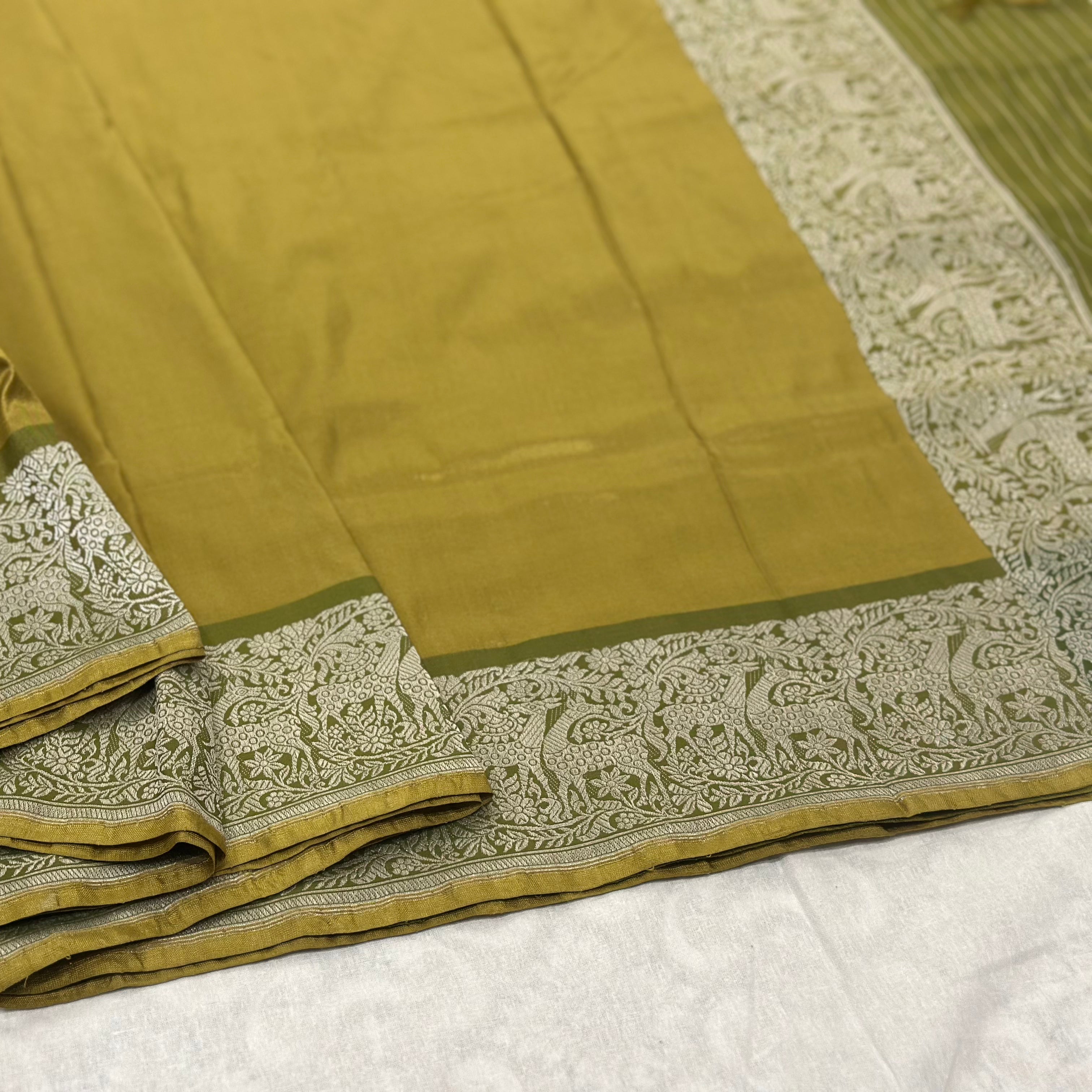 Shikargah Khadwa Benarasi in Mustard and Olive