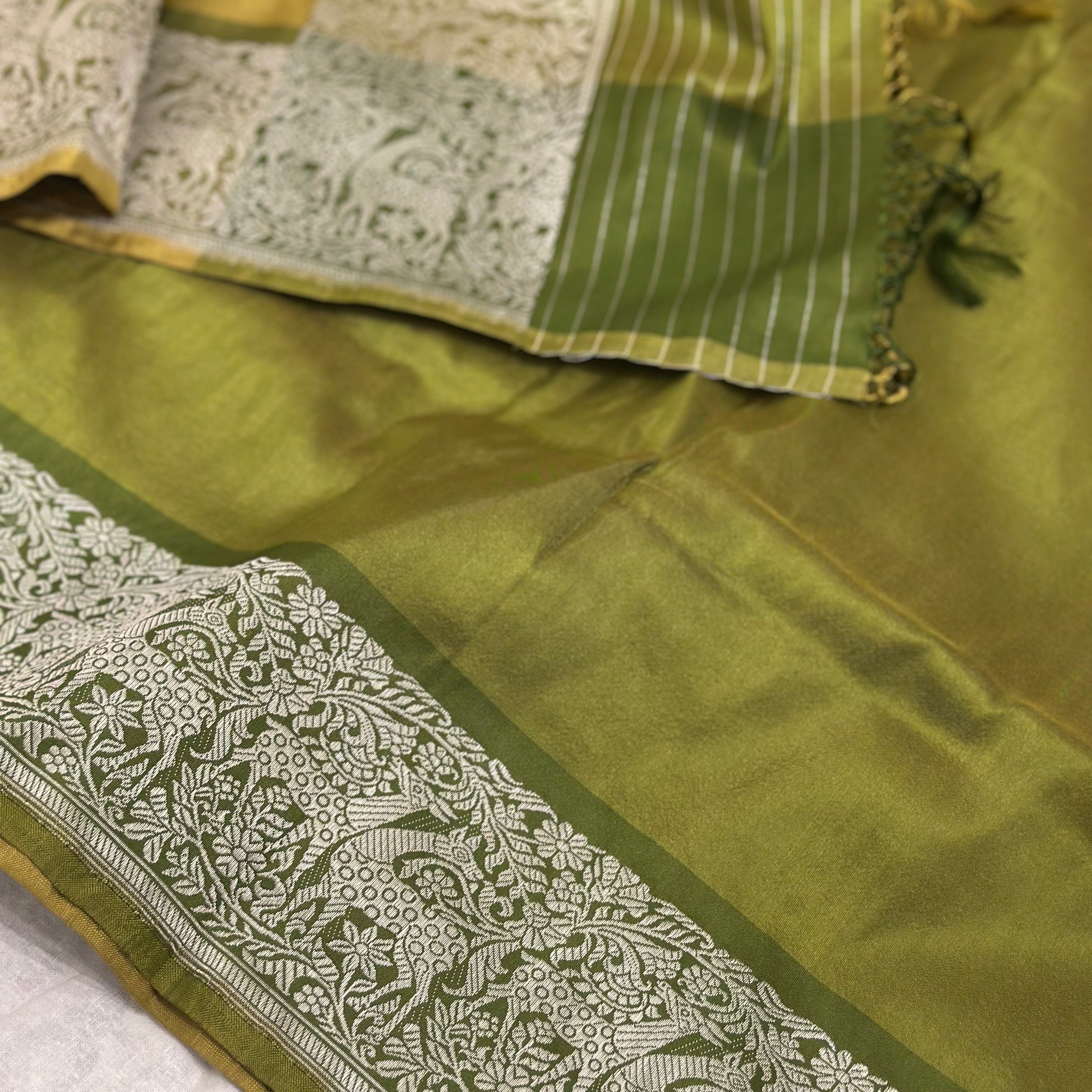 Shikargah Khadwa Benarasi in Mustard and Olive