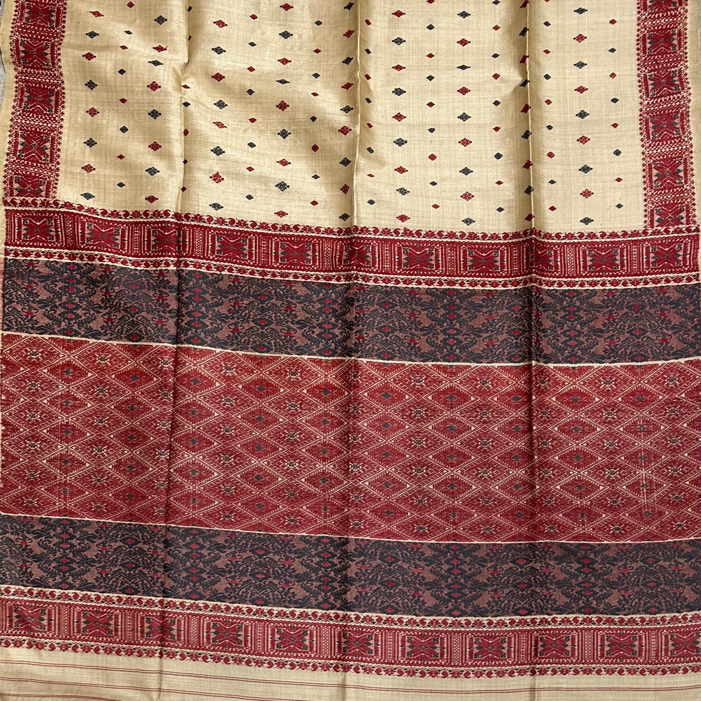 Handwoven Pure Muga Saree with Natural Dyed Red and Grey Eri Extra Weft