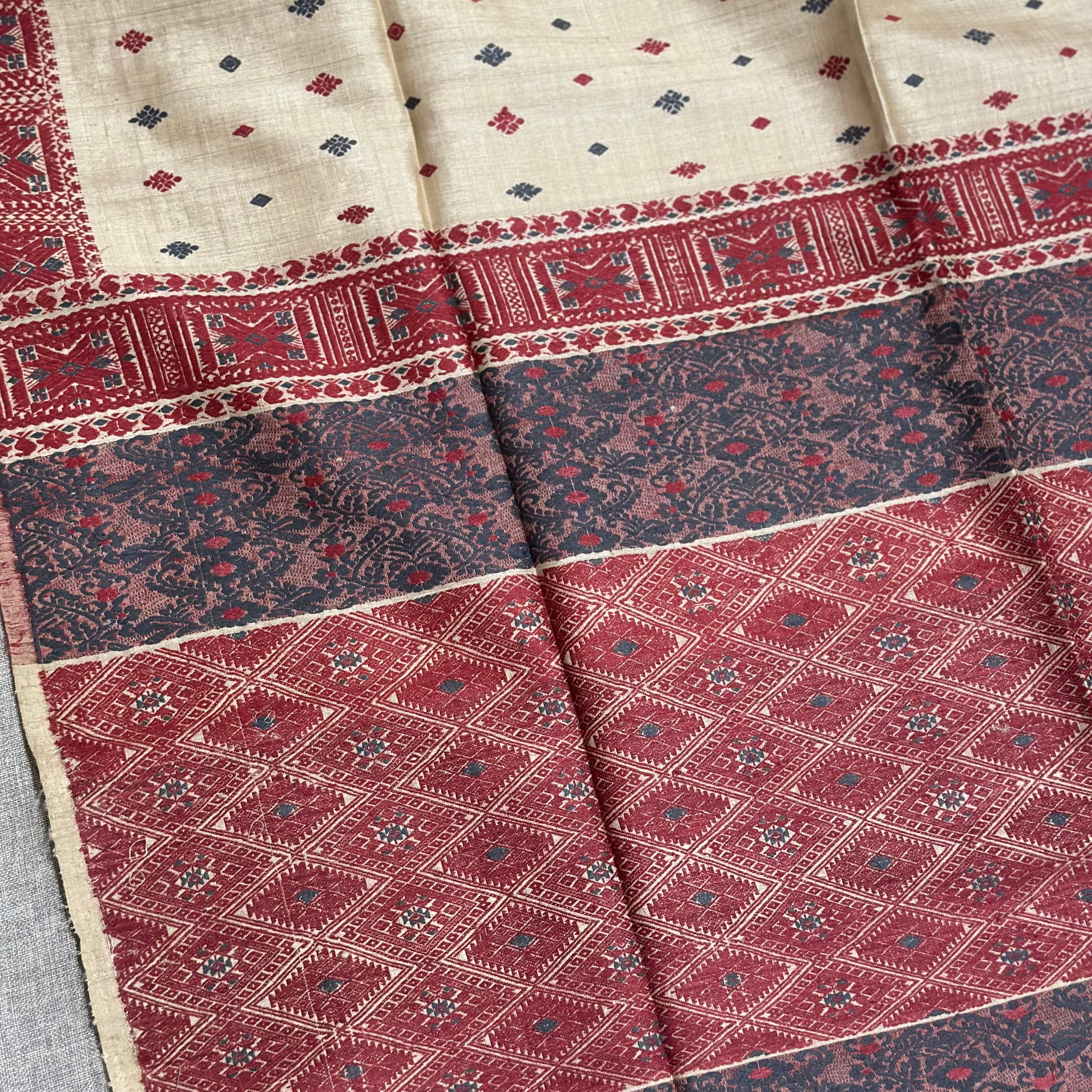 Handwoven Pure Muga Saree with Natural Dyed Red and Grey Eri Extra Weft