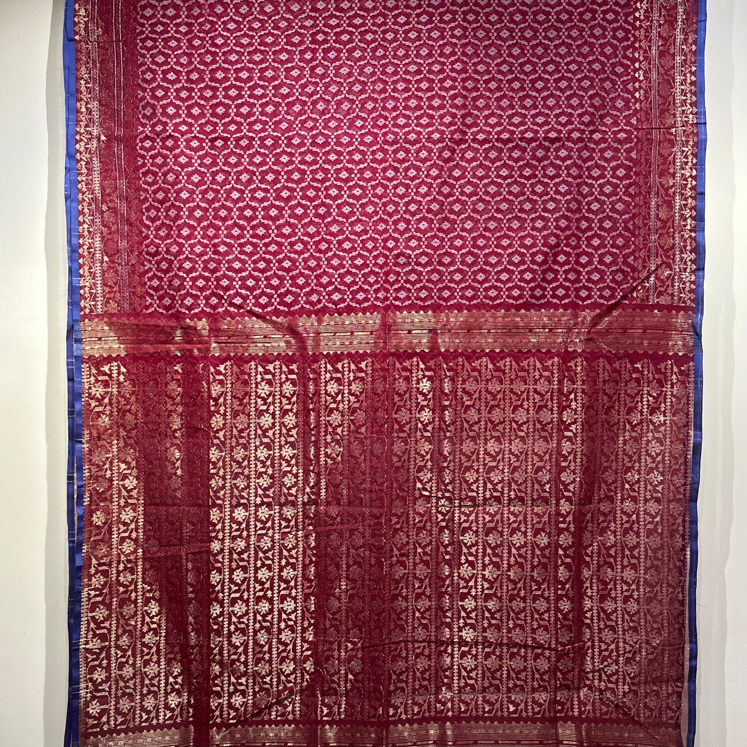 Dark Red with Golden and White Jaal Dhakai Jamdani