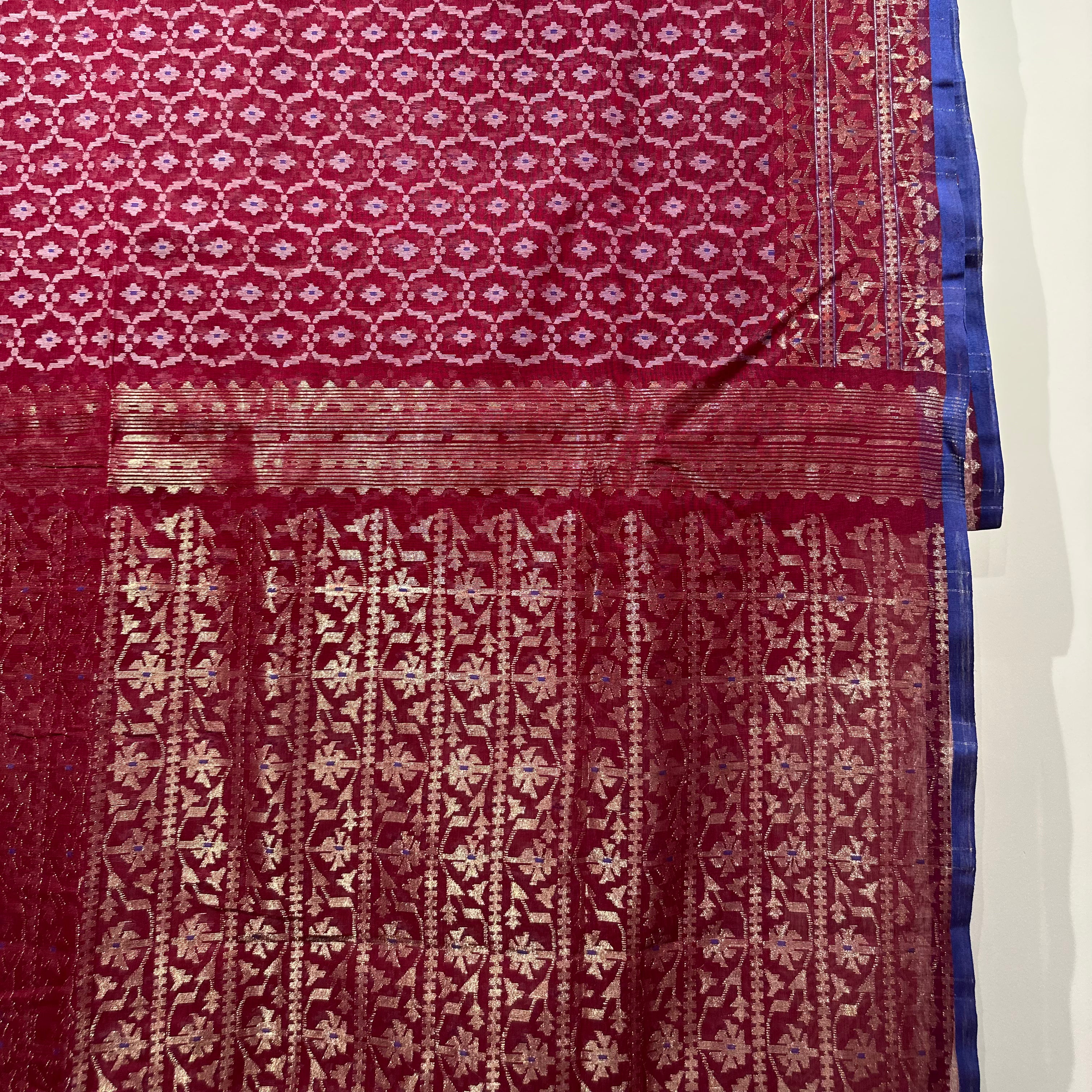 Dark Red with Golden and White Jaal Dhakai Jamdani