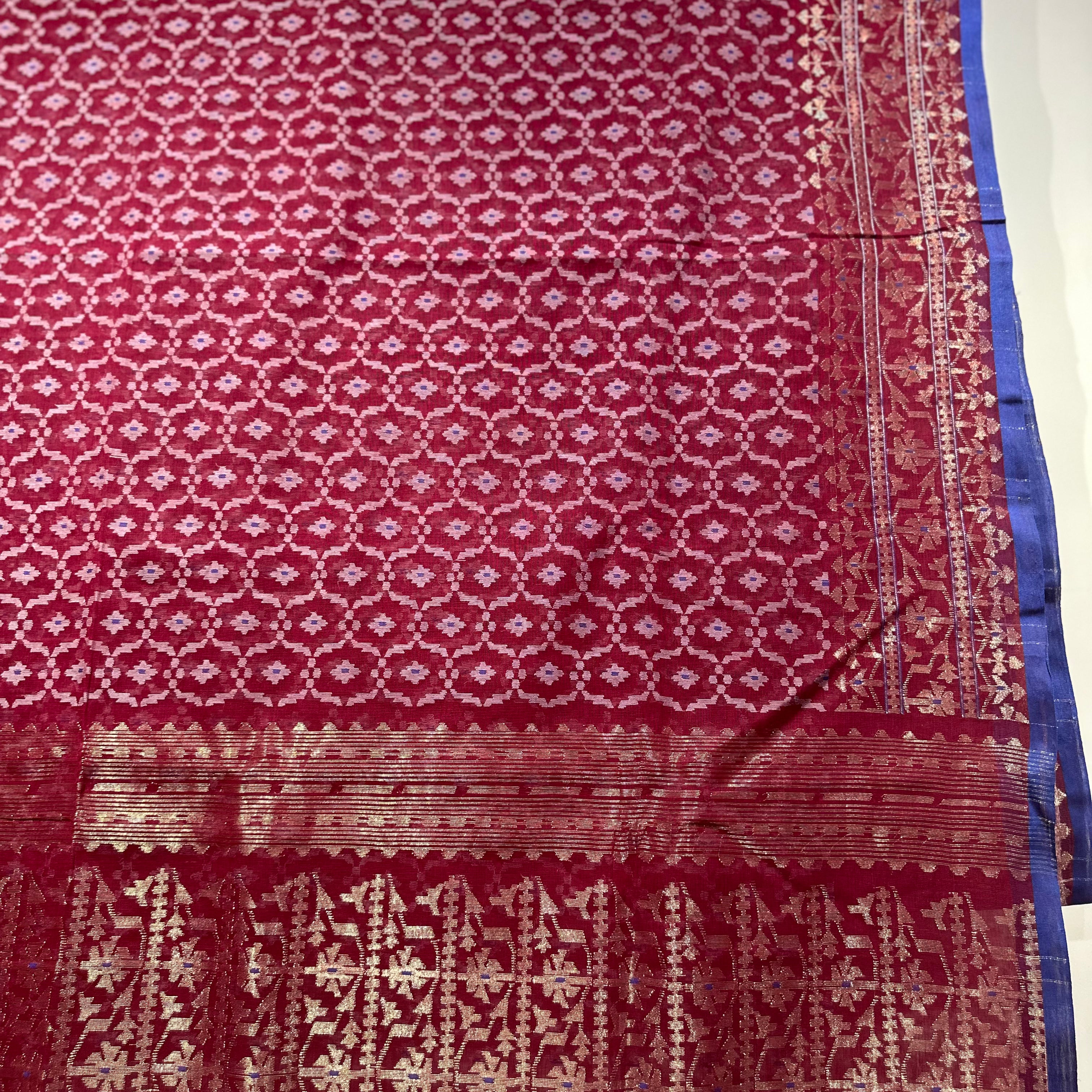 Dark Red with Golden and White Jaal Dhakai Jamdani