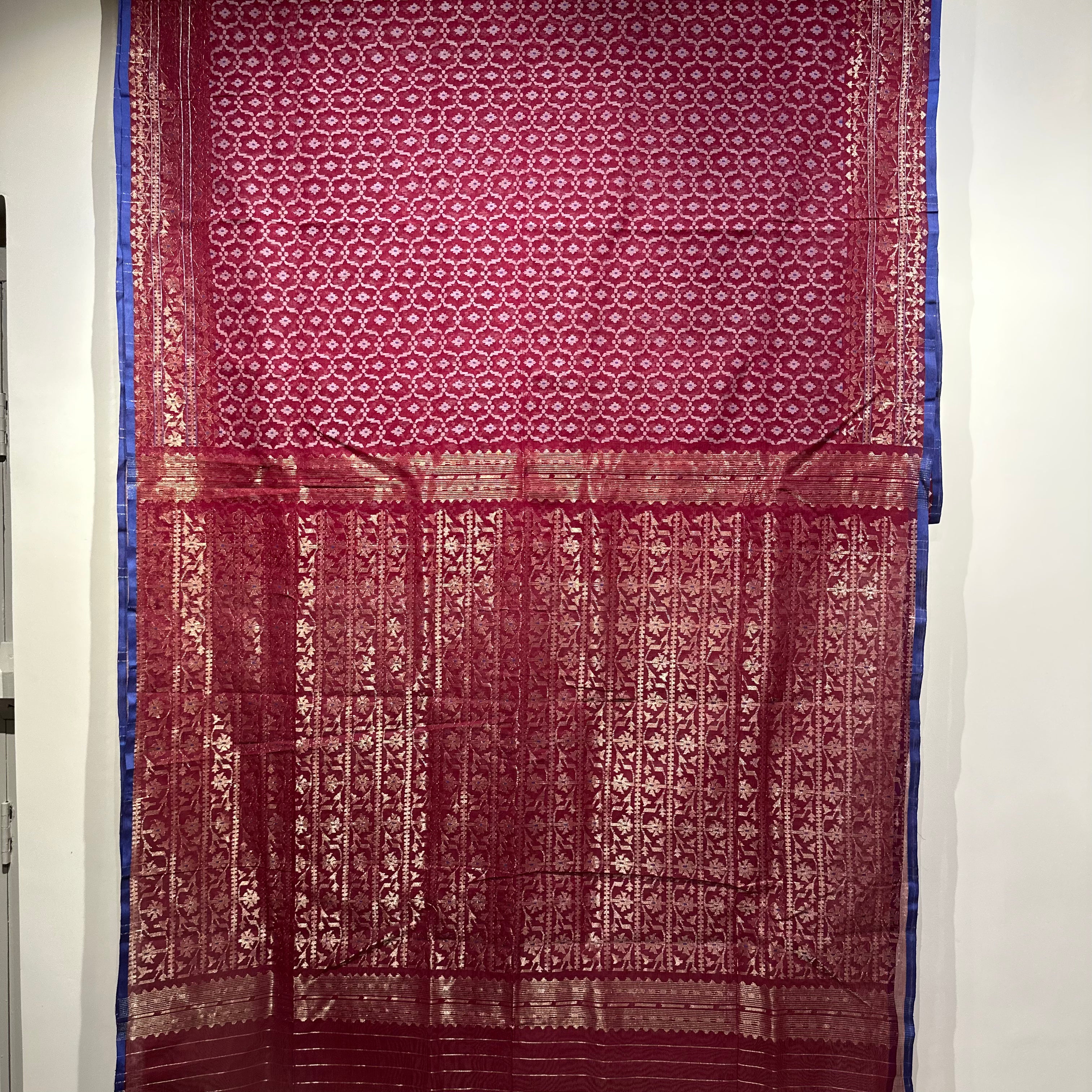 Dark Red with Golden and White Jaal Dhakai Jamdani