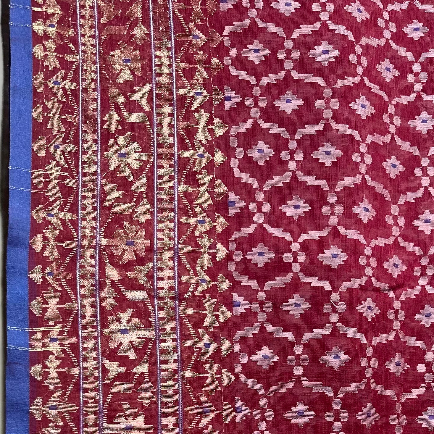 Dark Red with Golden and White Jaal Dhakai Jamdani