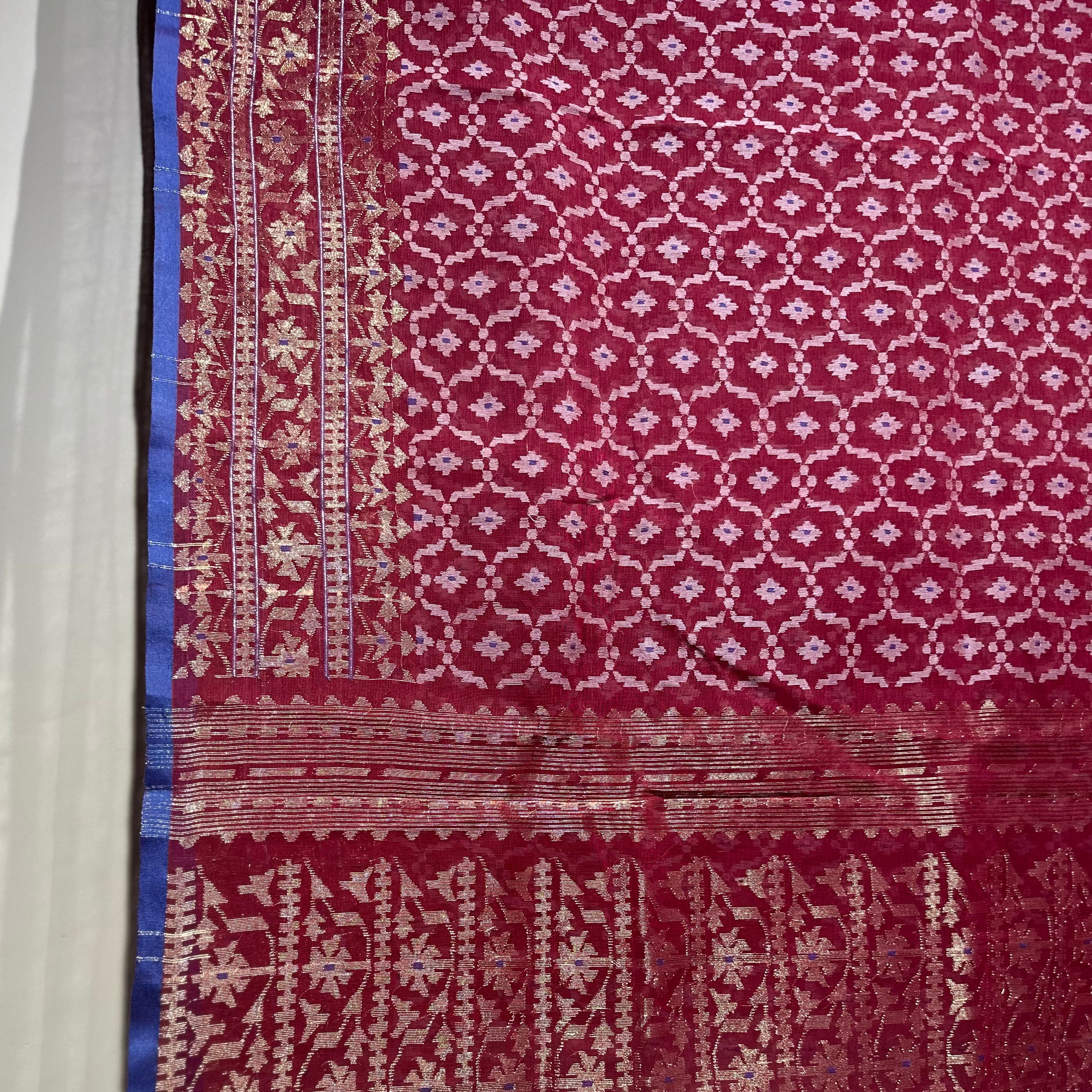 Dark Red with Golden and White Jaal Dhakai Jamdani